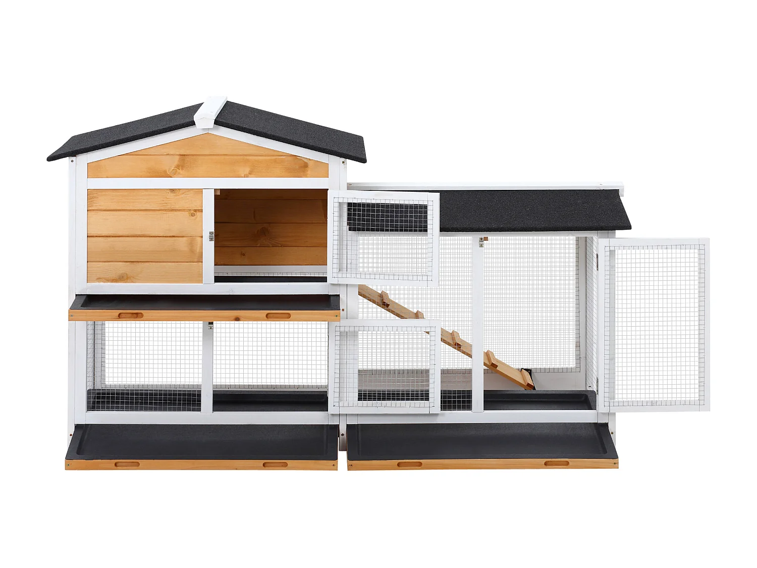 Gabbia per conigli da esterno con casetta, rampa e spazio aperto giallo