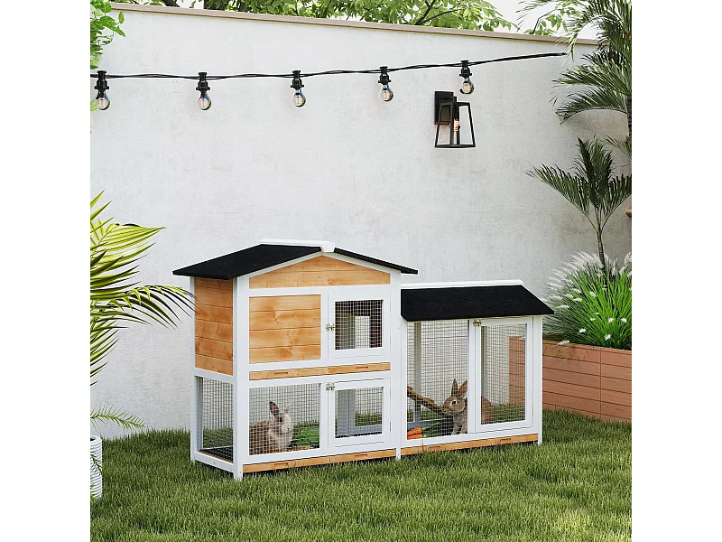 Gabbia per conigli da esterno con casetta, rampa e spazio aperto giallo