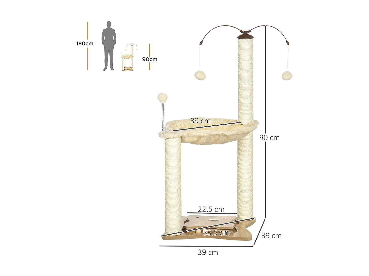 Albero tiragraffi per gatti con amaca palline e pali in sisal beige