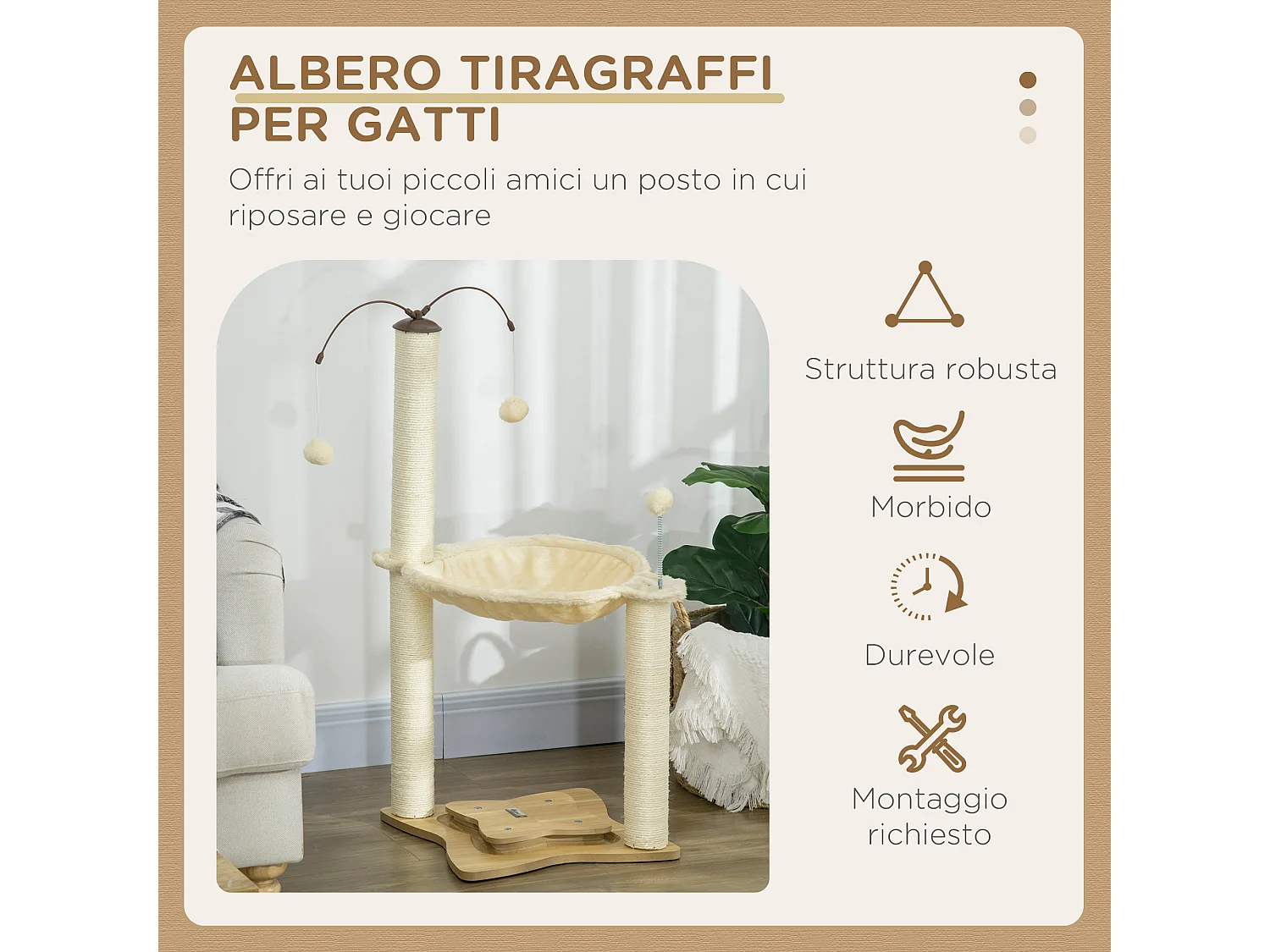 Albero tiragraffi per gatti con amaca palline e pali in sisal beige