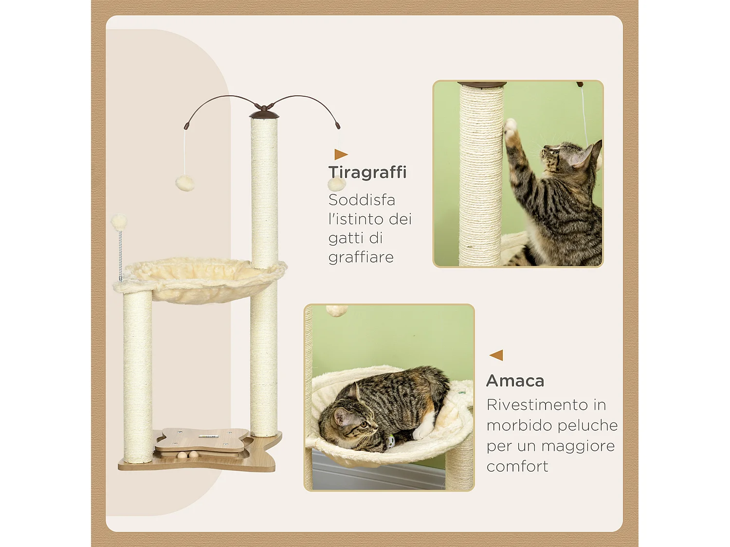 Albero tiragraffi per gatti con amaca palline e pali in sisal beige