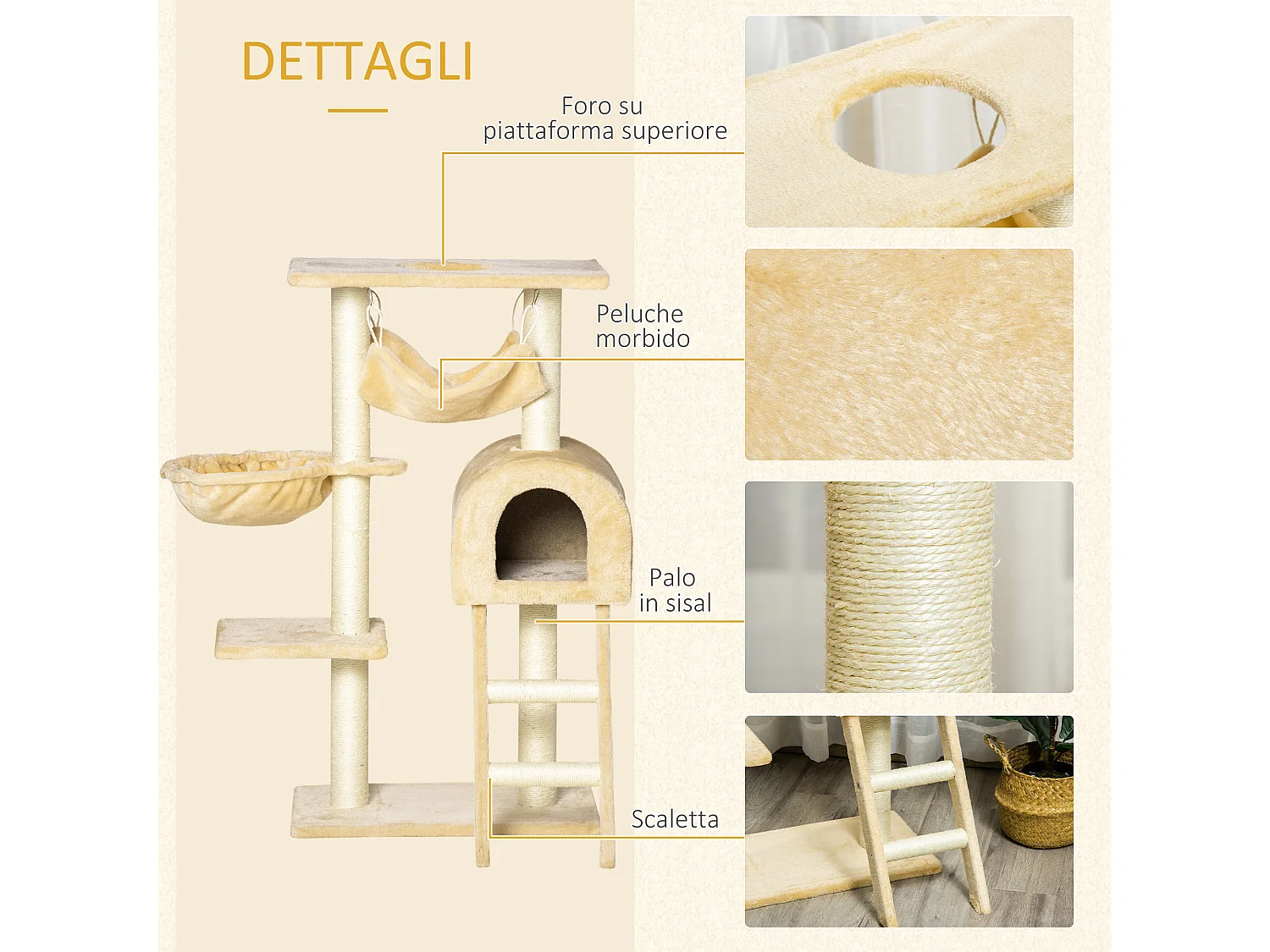 Tiragraffi a colonna beige albero tiragraffi per gatti alto 98cm