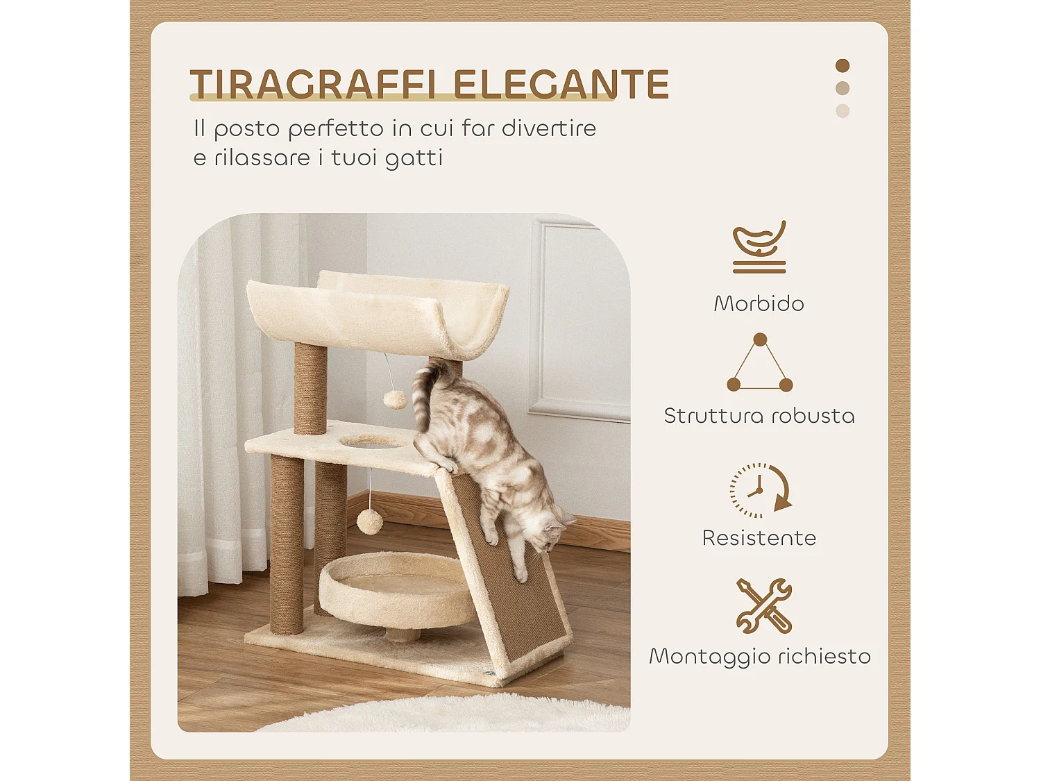 Albero tiragraffi per gatti con cuccia a u, lettino e tappetino marrone