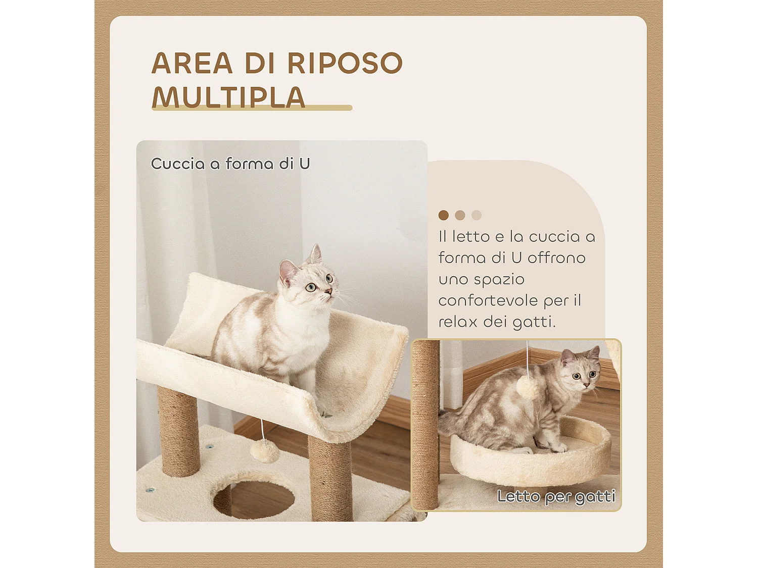 Albero tiragraffi per gatti con cuccia a u, lettino e tappetino marrone