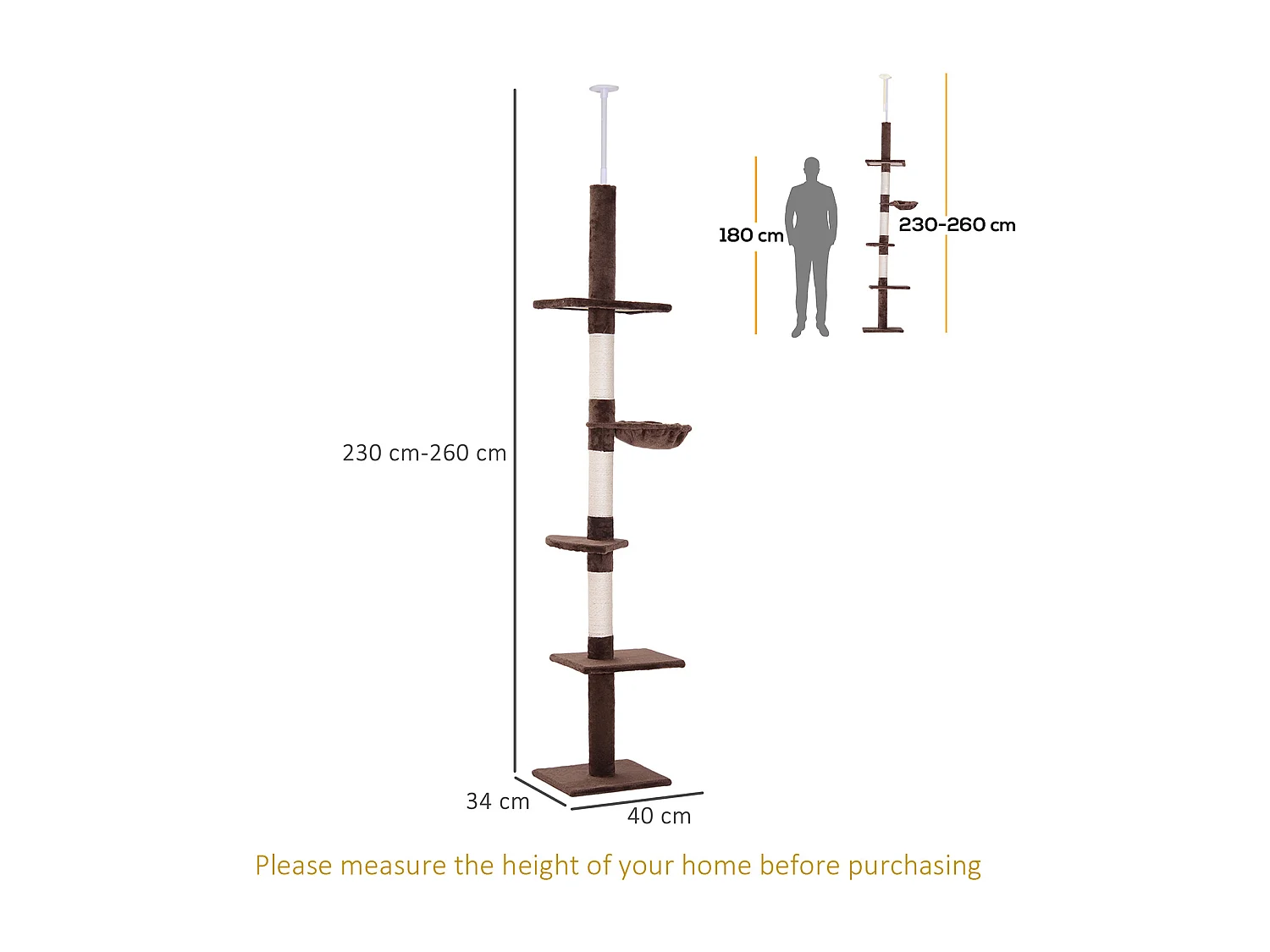 Albero tiragraffi a soffitto con altezza regolabile 230-260cm marrone
