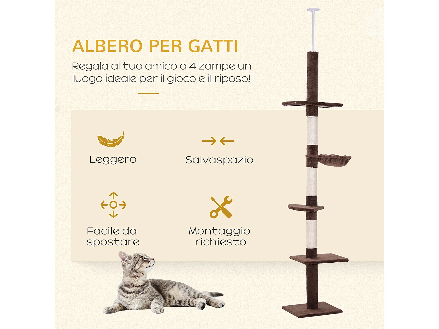 Albero tiragraffi a soffitto con altezza regolabile 230-260cm marrone