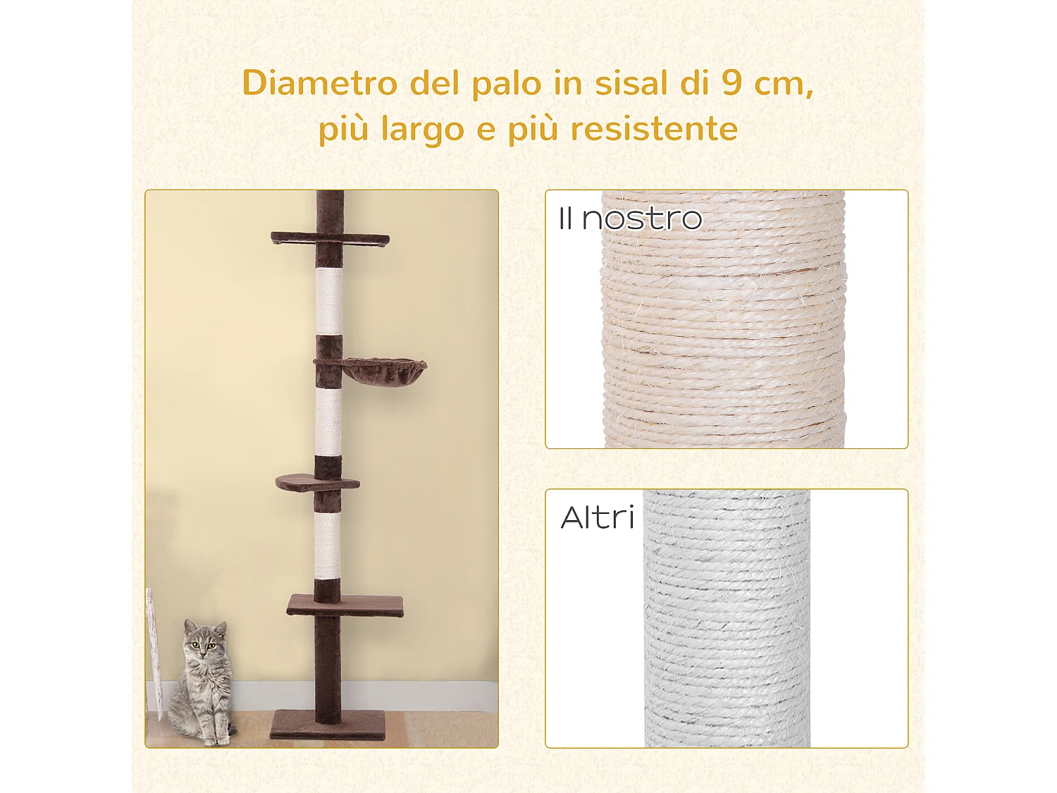 Albero tiragraffi a soffitto con altezza regolabile 230-260cm marrone