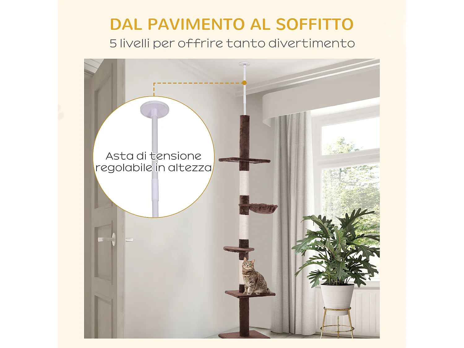 Albero tiragraffi a soffitto con altezza regolabile 230-260cm marrone