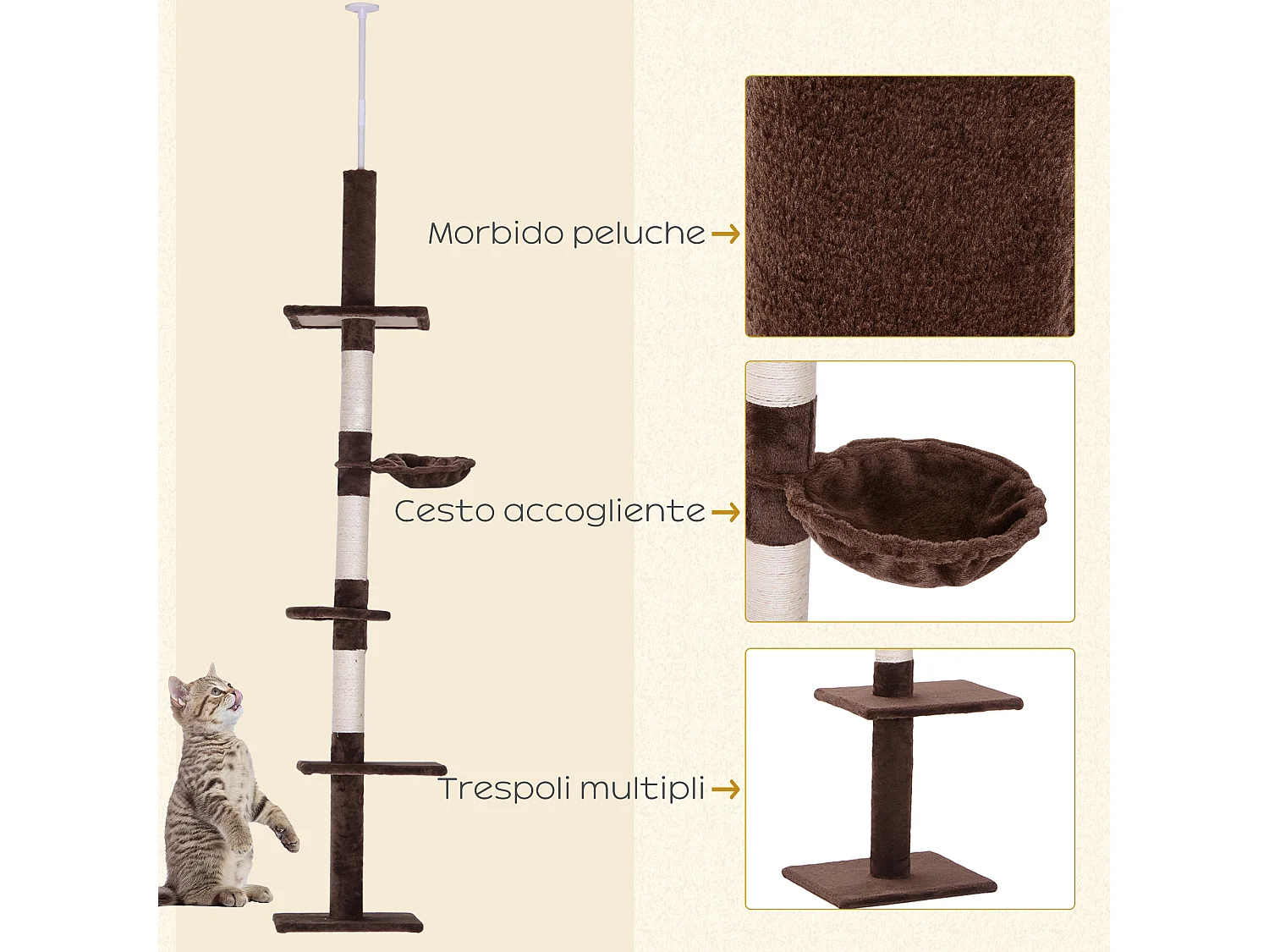 Albero tiragraffi a soffitto con altezza regolabile 230-260cm marrone