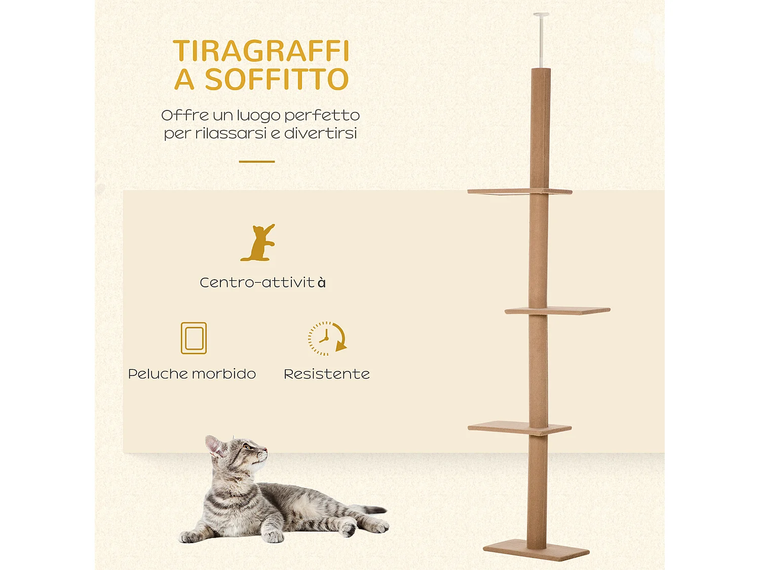 Albero tiragraffi per gatti 4 livelli con colonna rivestita, marrone