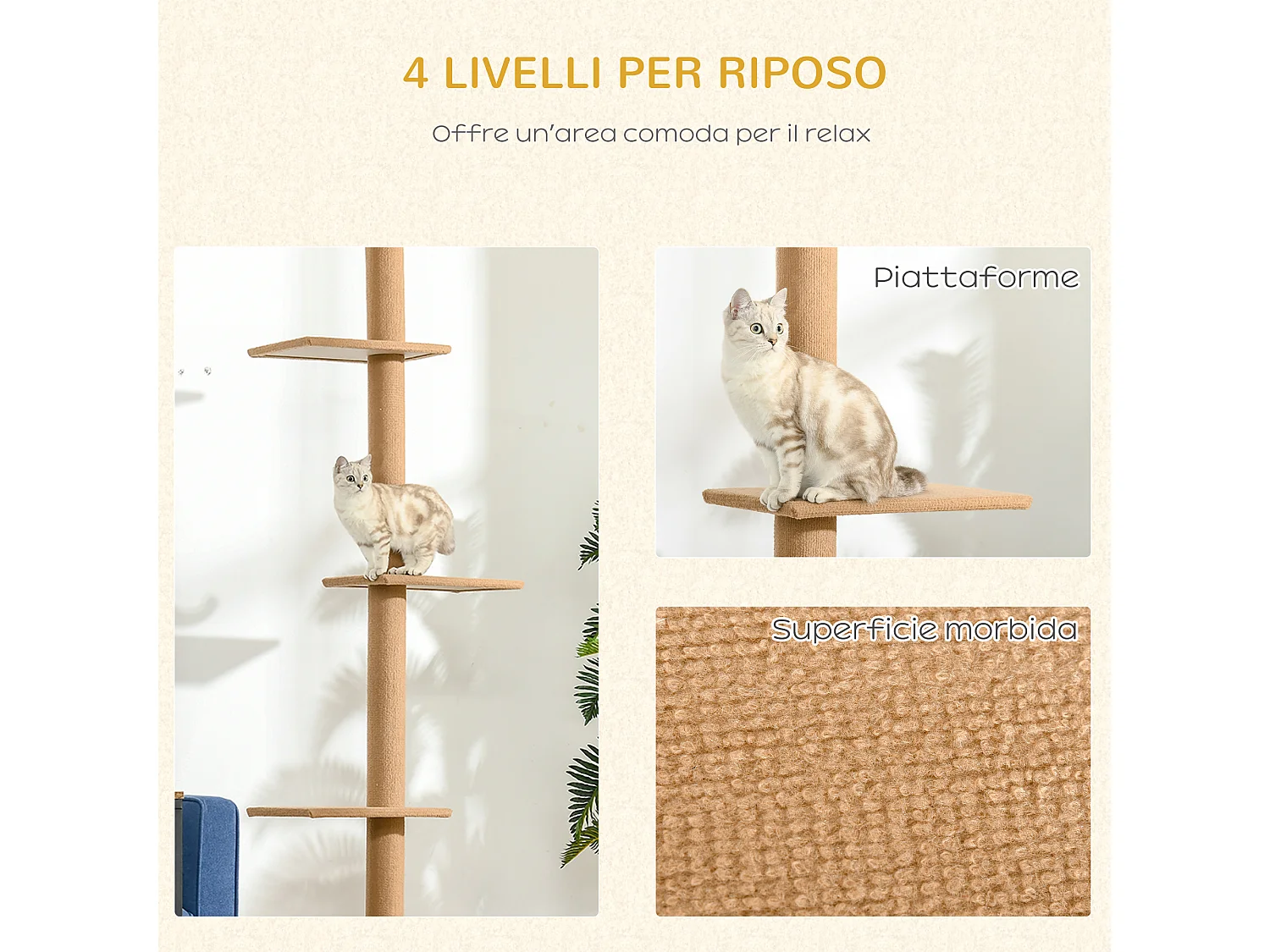 Albero tiragraffi per gatti 4 livelli con colonna rivestita, marrone