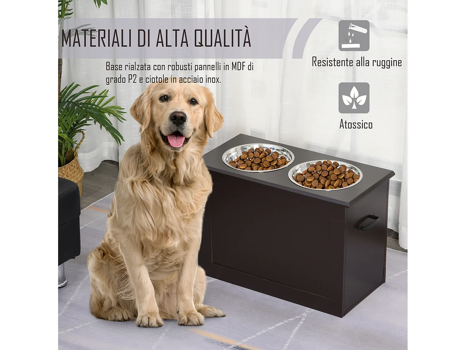 Portaciotole rialzato per cani con 2 ciotole in acciaio inox