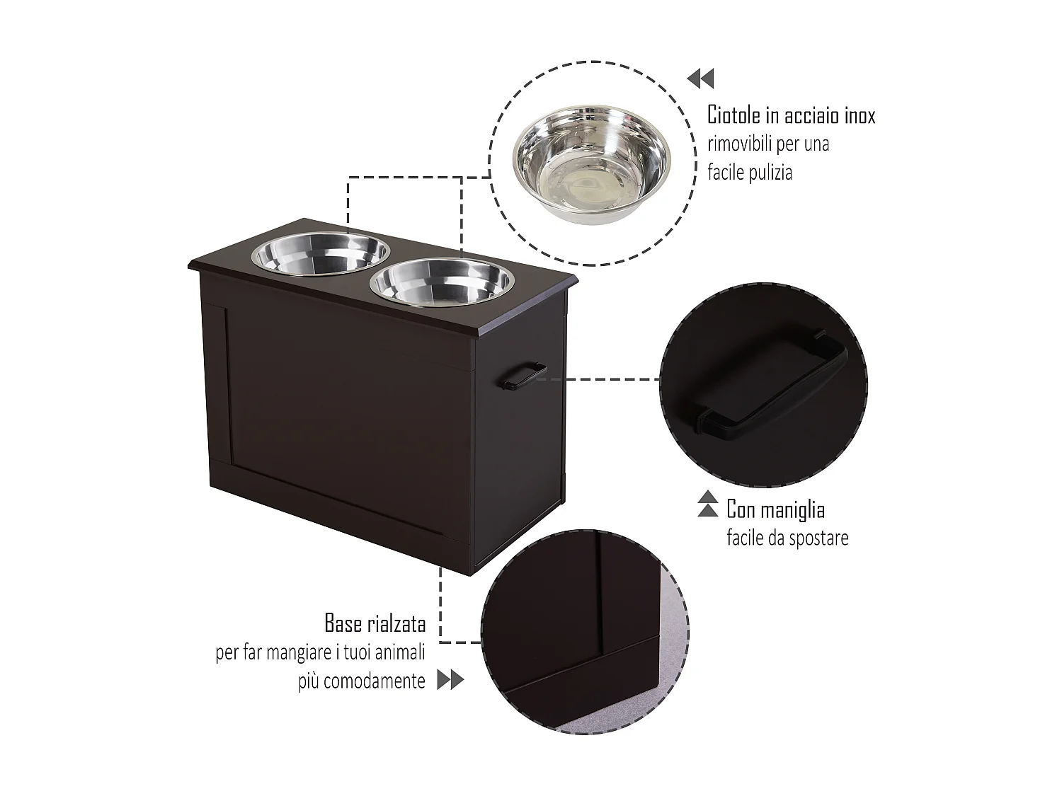 Portaciotole rialzato per cani con 2 ciotole in acciaio inox