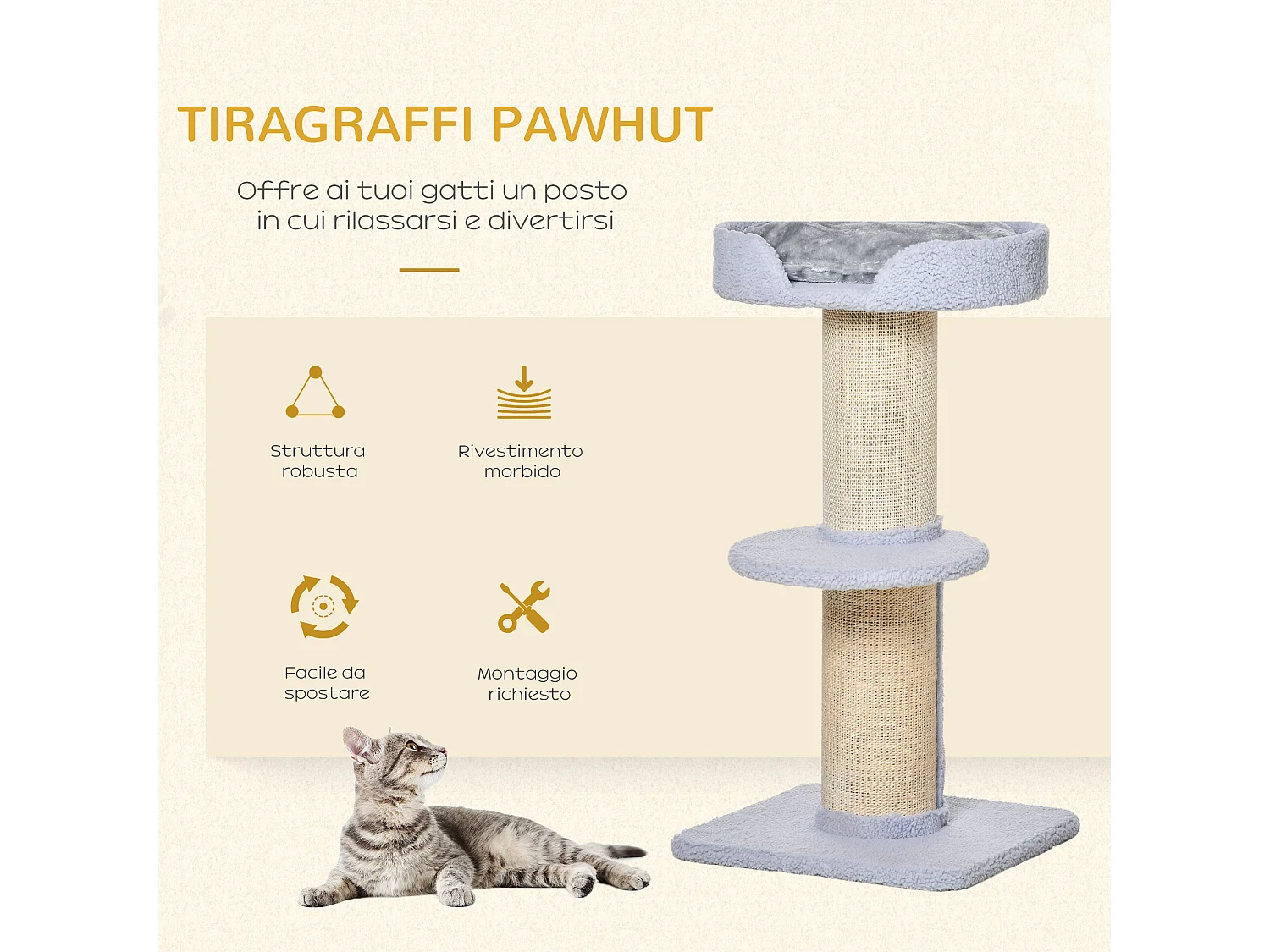 Tiragraffi per gatti con lettino, rivestimento peluche e palo in sisal