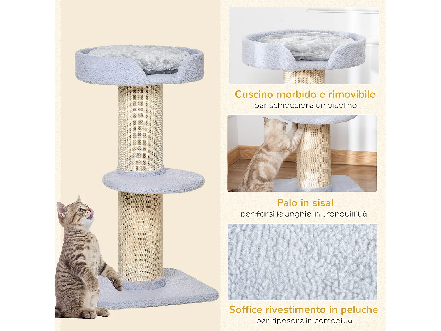 Tiragraffi per gatti con lettino, rivestimento peluche e palo in sisal