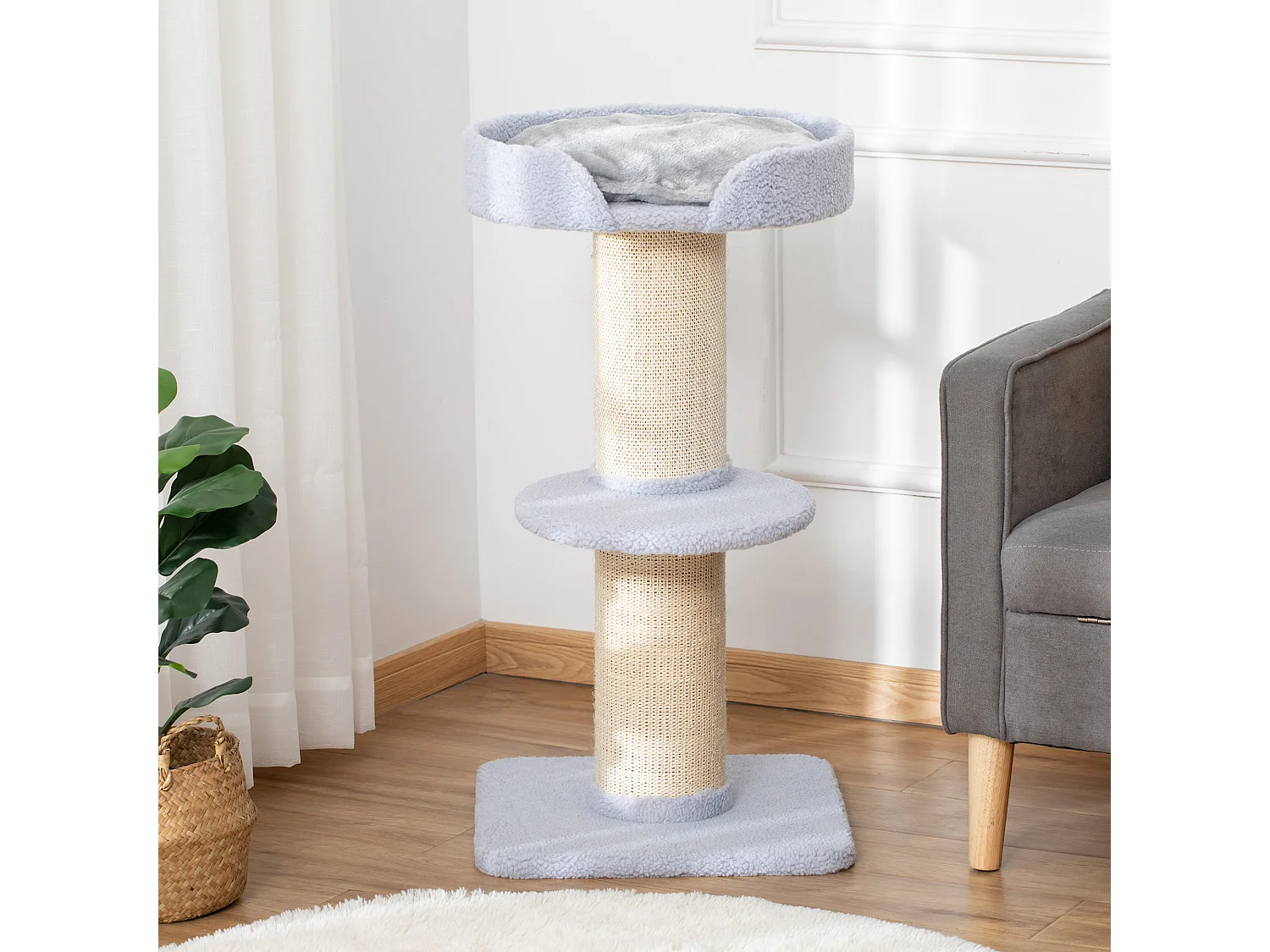 Tiragraffi per gatti con lettino, rivestimento peluche e palo in sisal