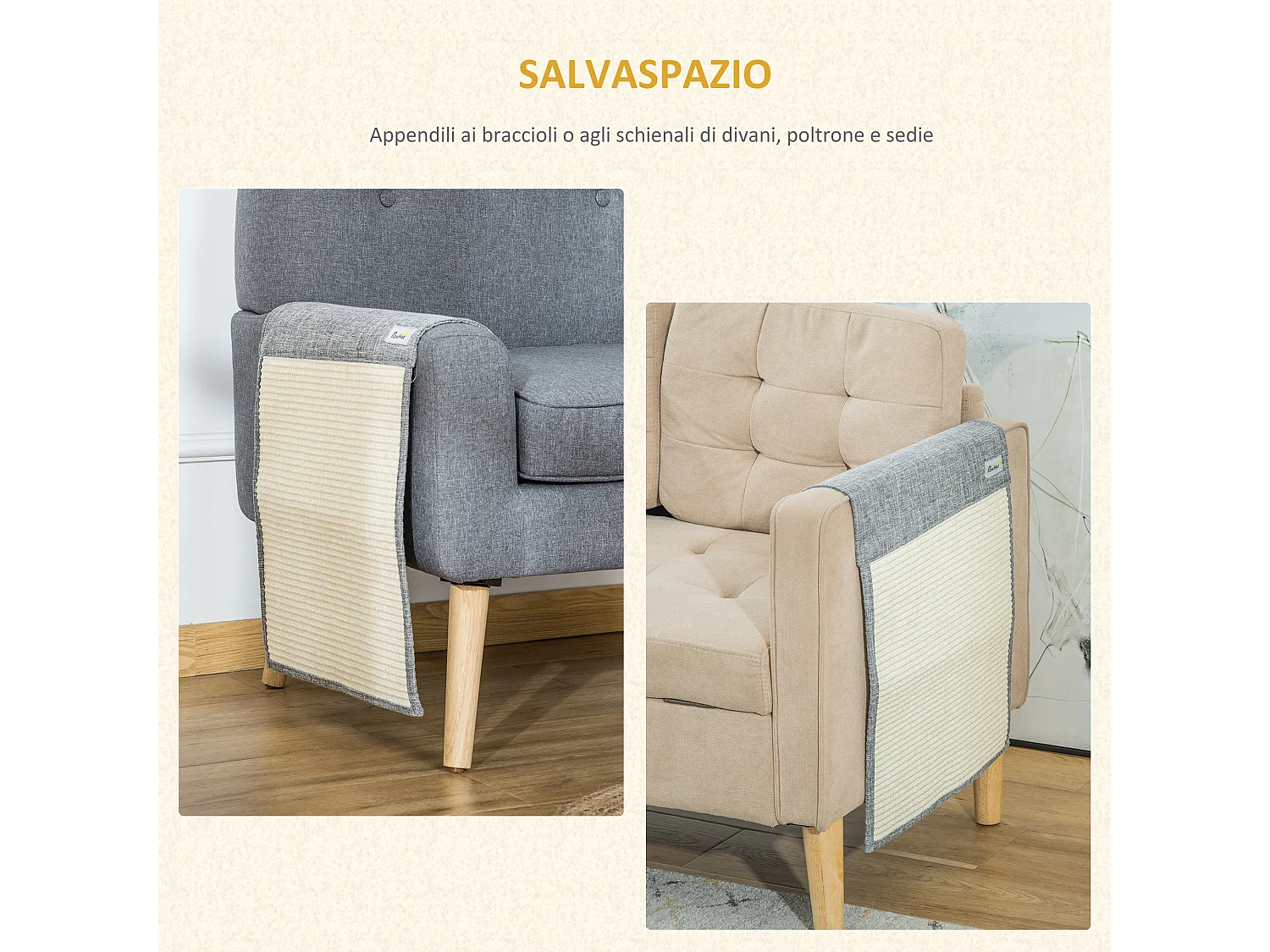 Set 2 tiragraffi per gatti da divan in sisal e poliestere 130x45cm grigio