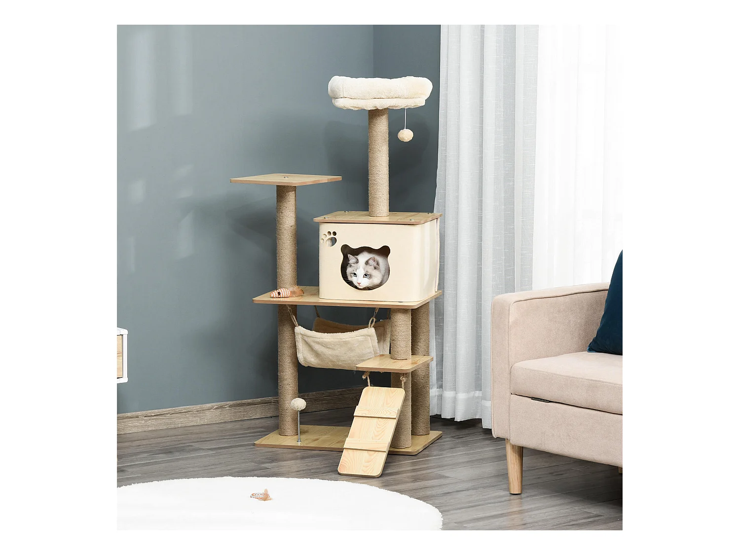 Tiragraffi multilivello casetta amaca scaletta e pali in juta 60x40x130cm