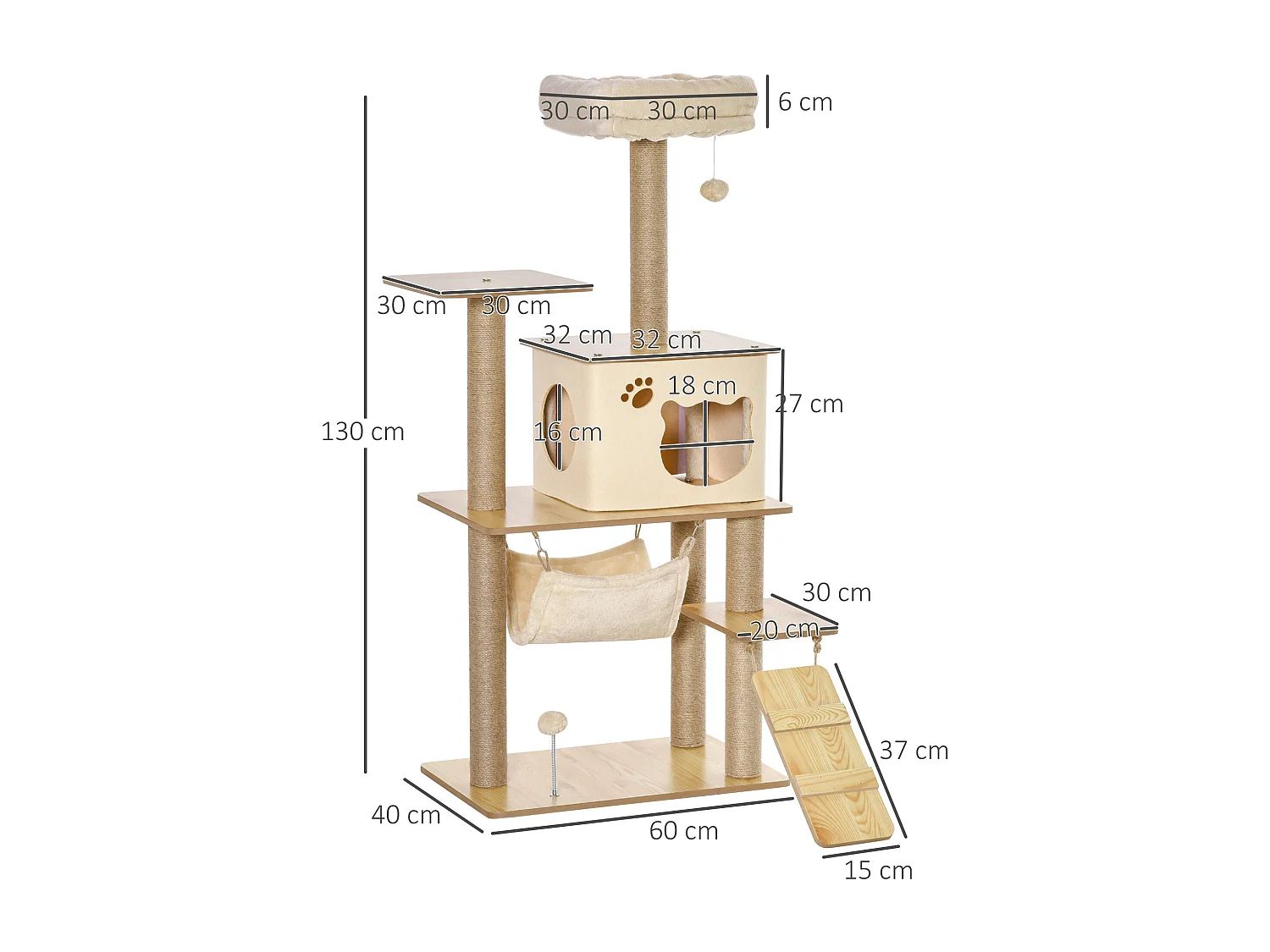 Tiragraffi multilivello casetta amaca scaletta e pali in juta 60x40x130cm