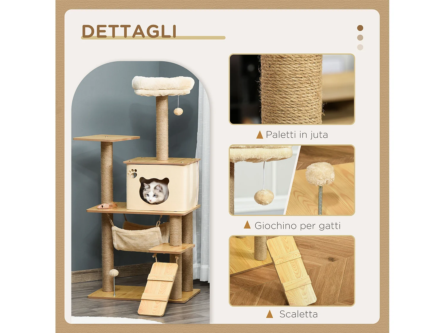 Tiragraffi multilivello casetta amaca scaletta e pali in juta 60x40x130cm