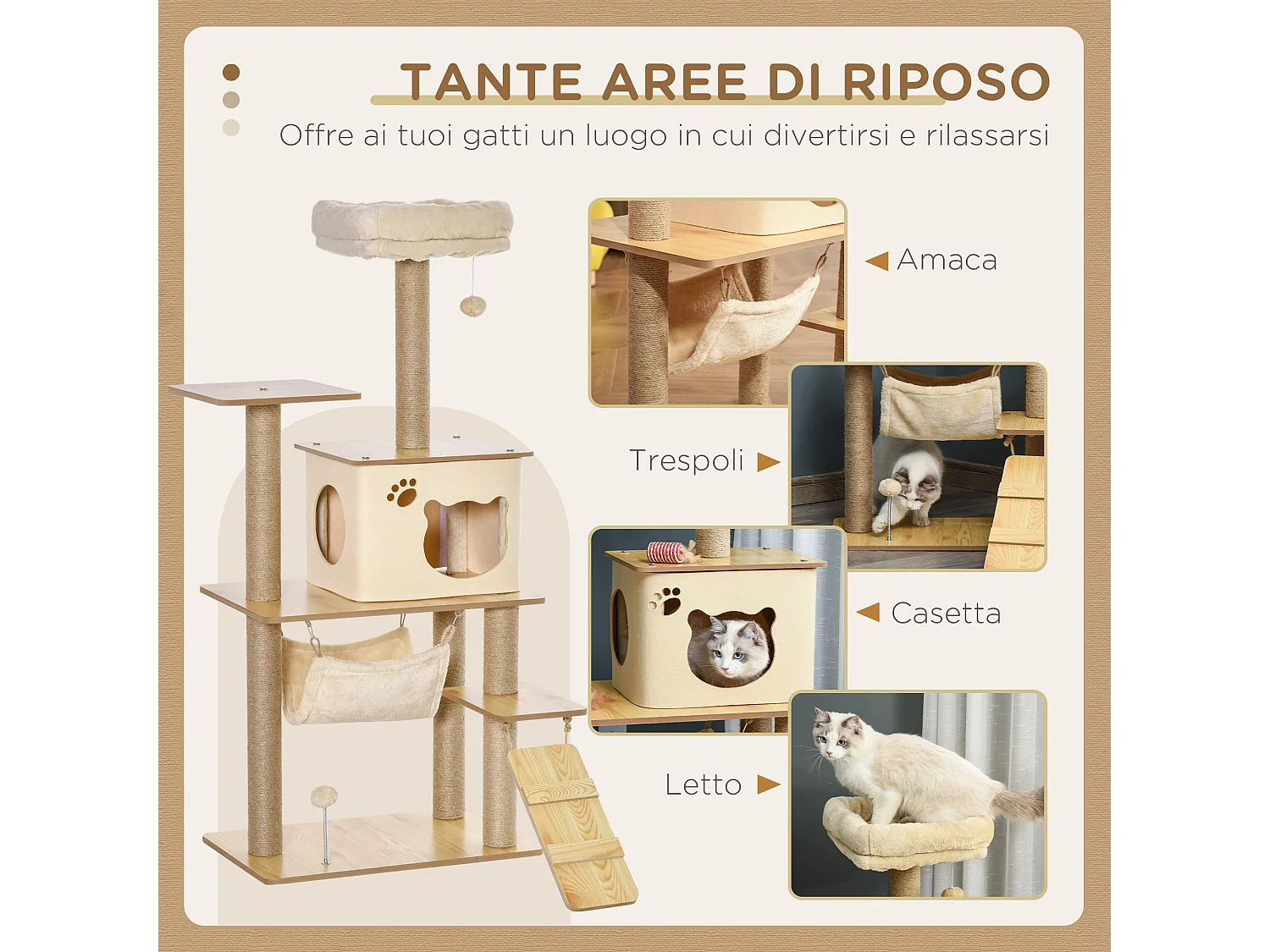 Tiragraffi multilivello casetta amaca scaletta e pali in juta 60x40x130cm