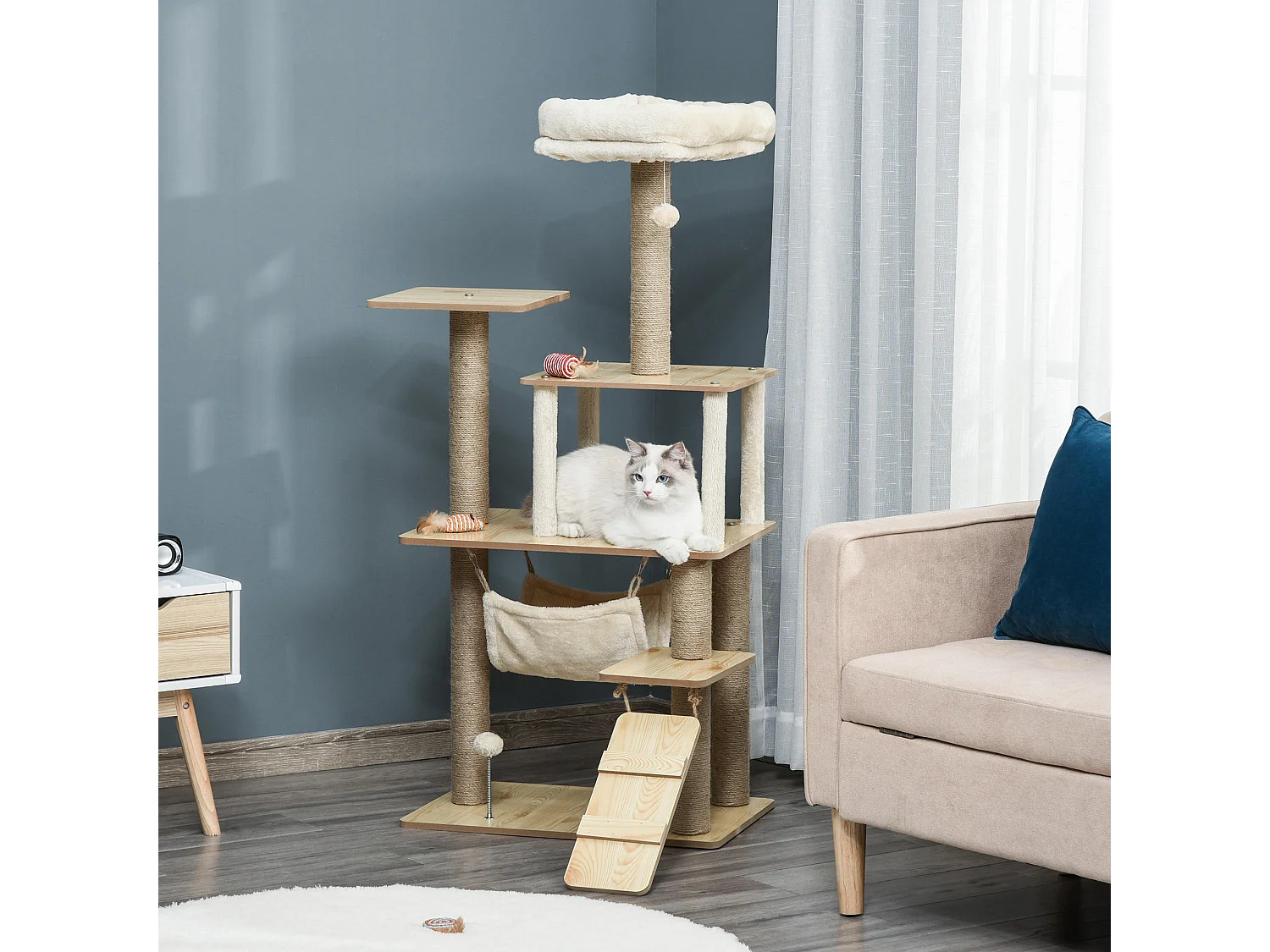 Tiragraffi multilivello casetta amaca scaletta e pali in juta 60x40x130cm