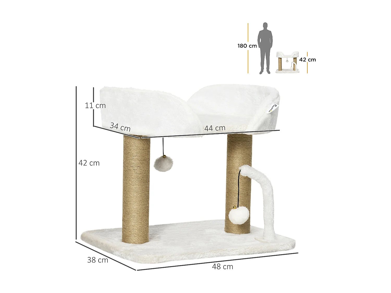 Torre per gatti in truciolato con palline giocattolo giallo e bianco