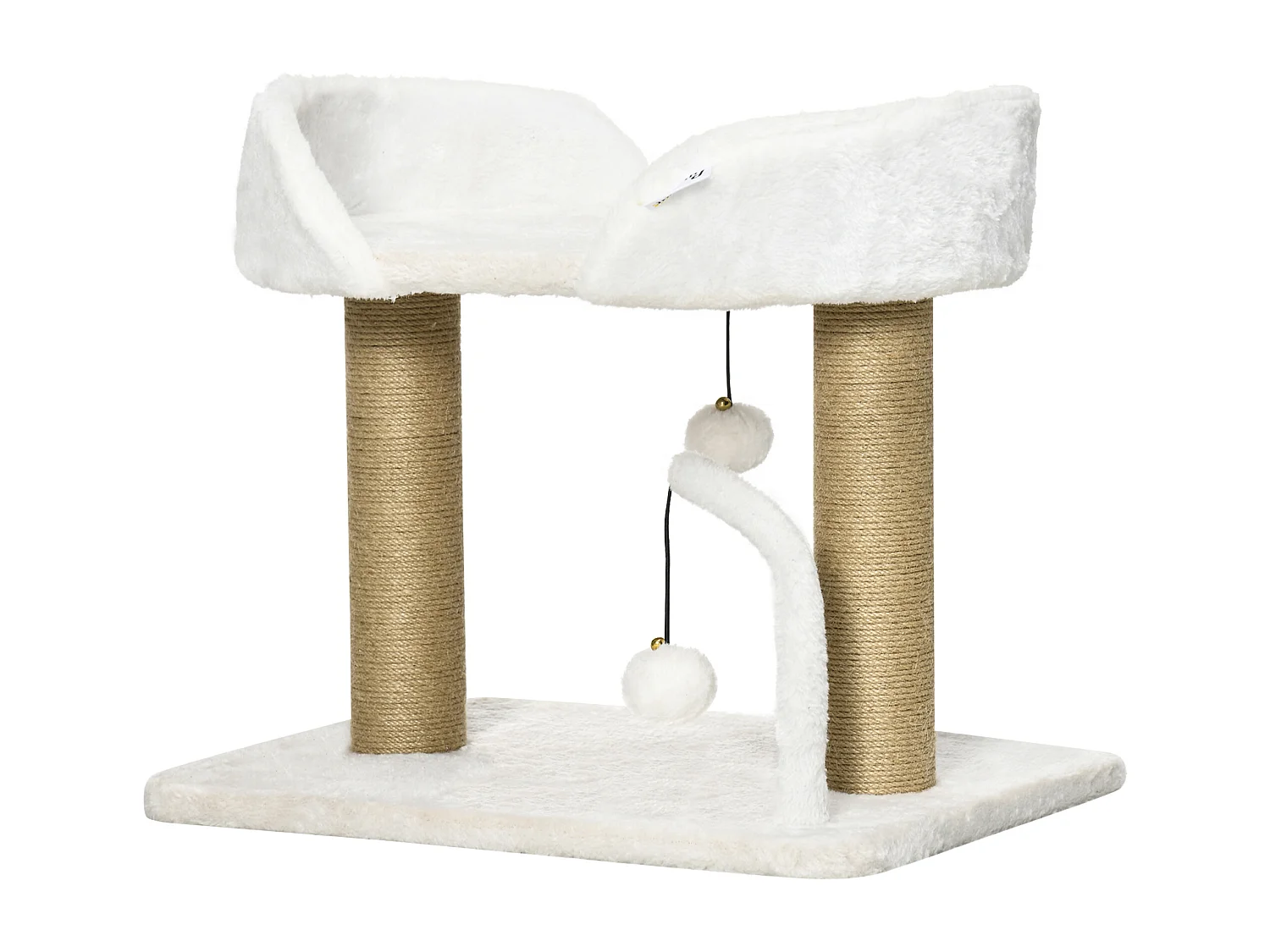 Torre per gatti in truciolato con palline giocattolo giallo e bianco