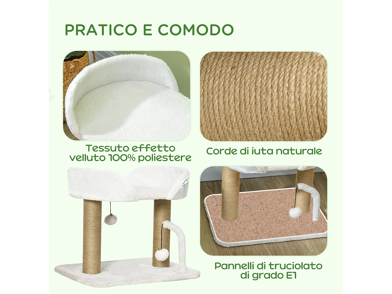 Torre per gatti in truciolato con palline giocattolo giallo e bianco