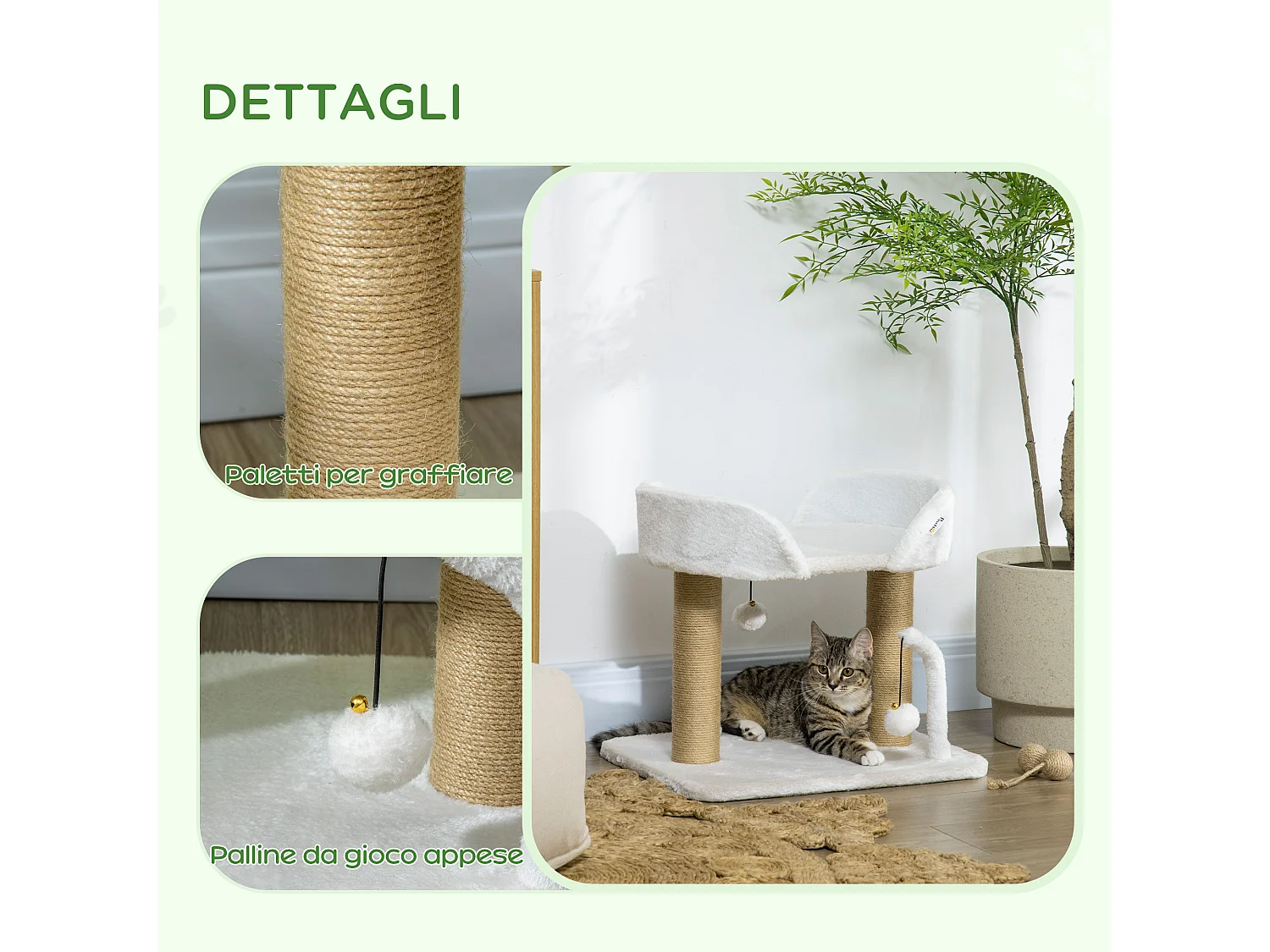 Torre per gatti in truciolato con palline giocattolo giallo e bianco