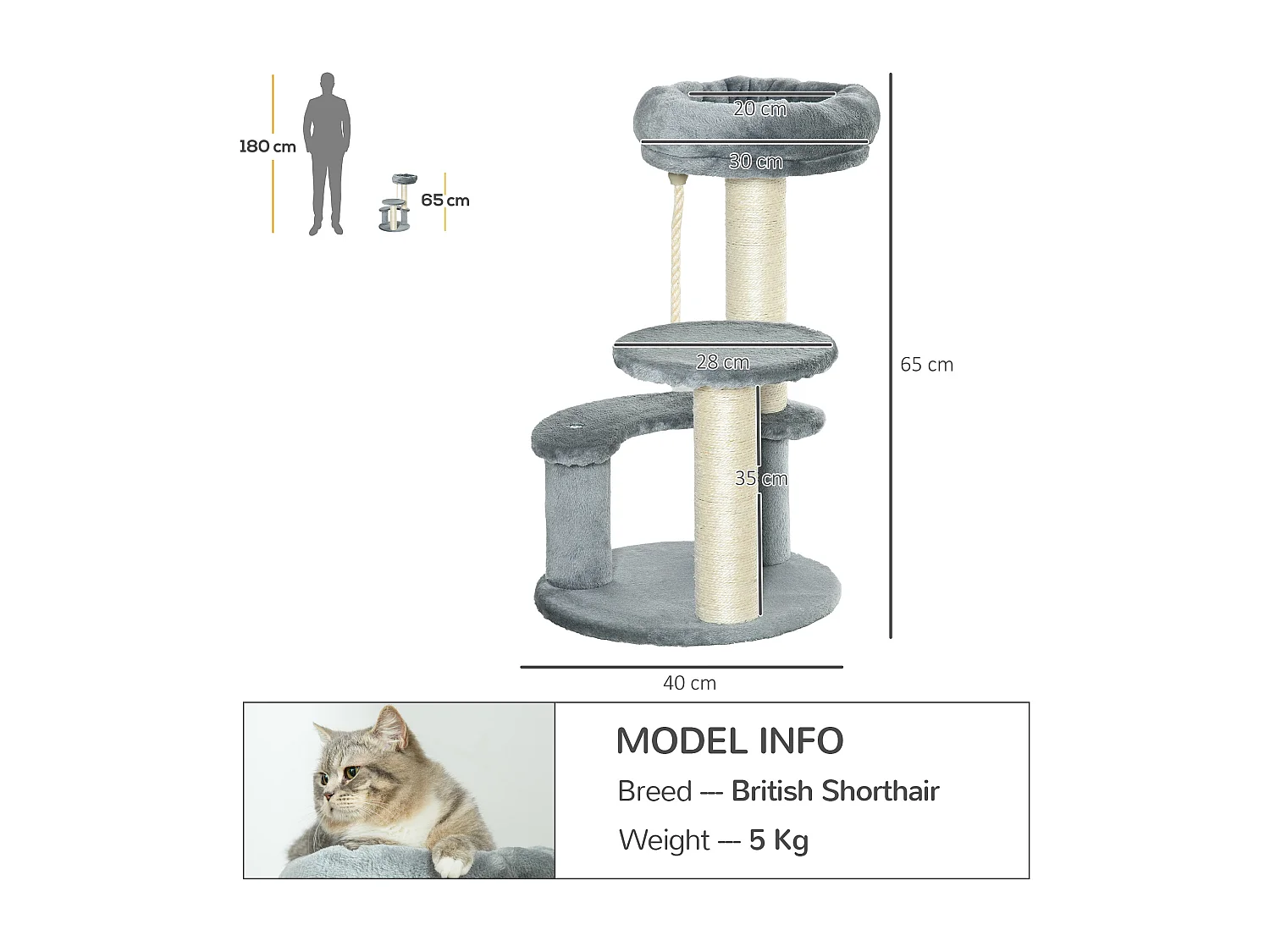 Albero tiragraffi per gatti a 3 livelli in peluche grigio