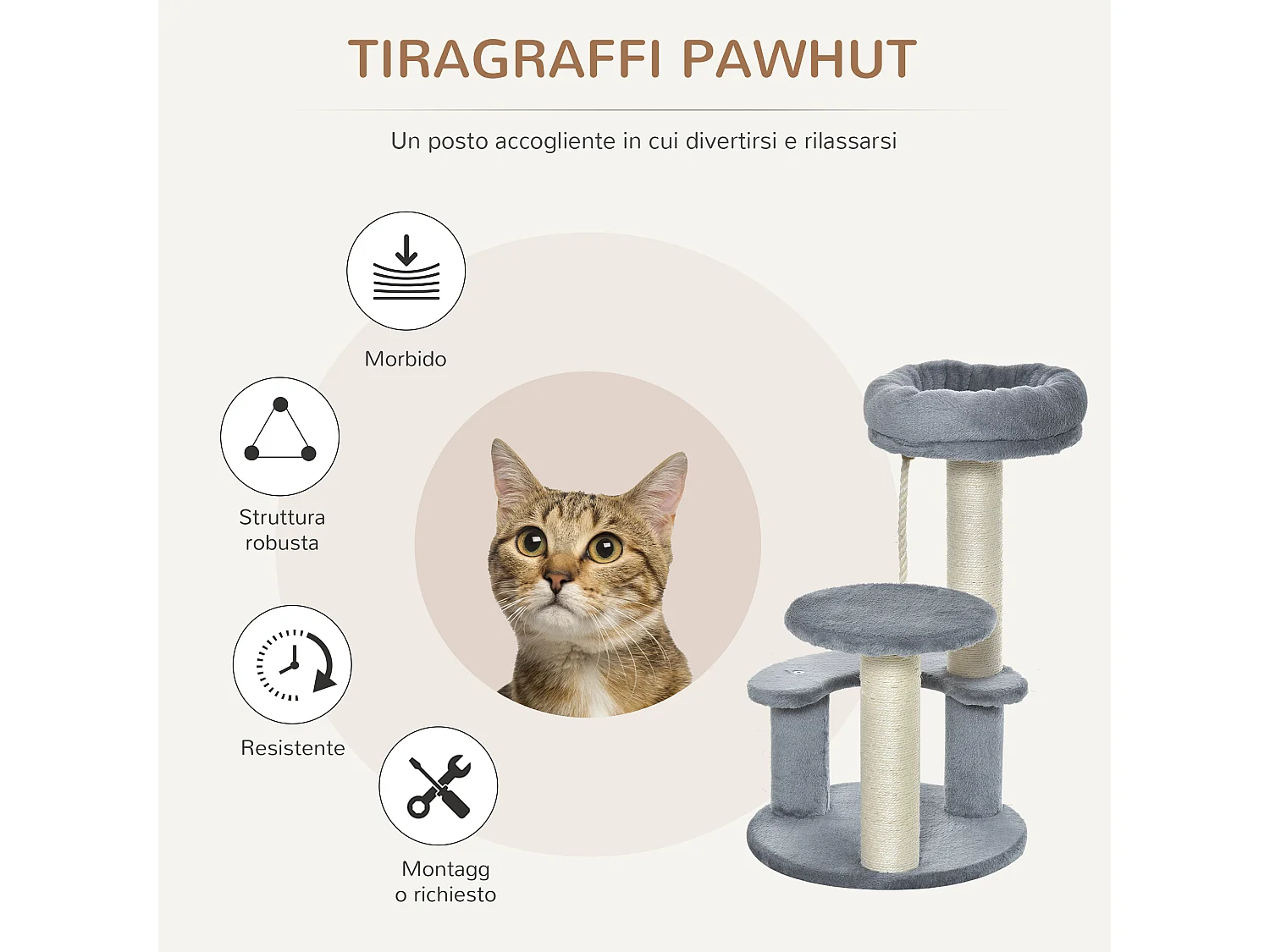 Albero tiragraffi per gatti a 3 livelli in peluche grigio