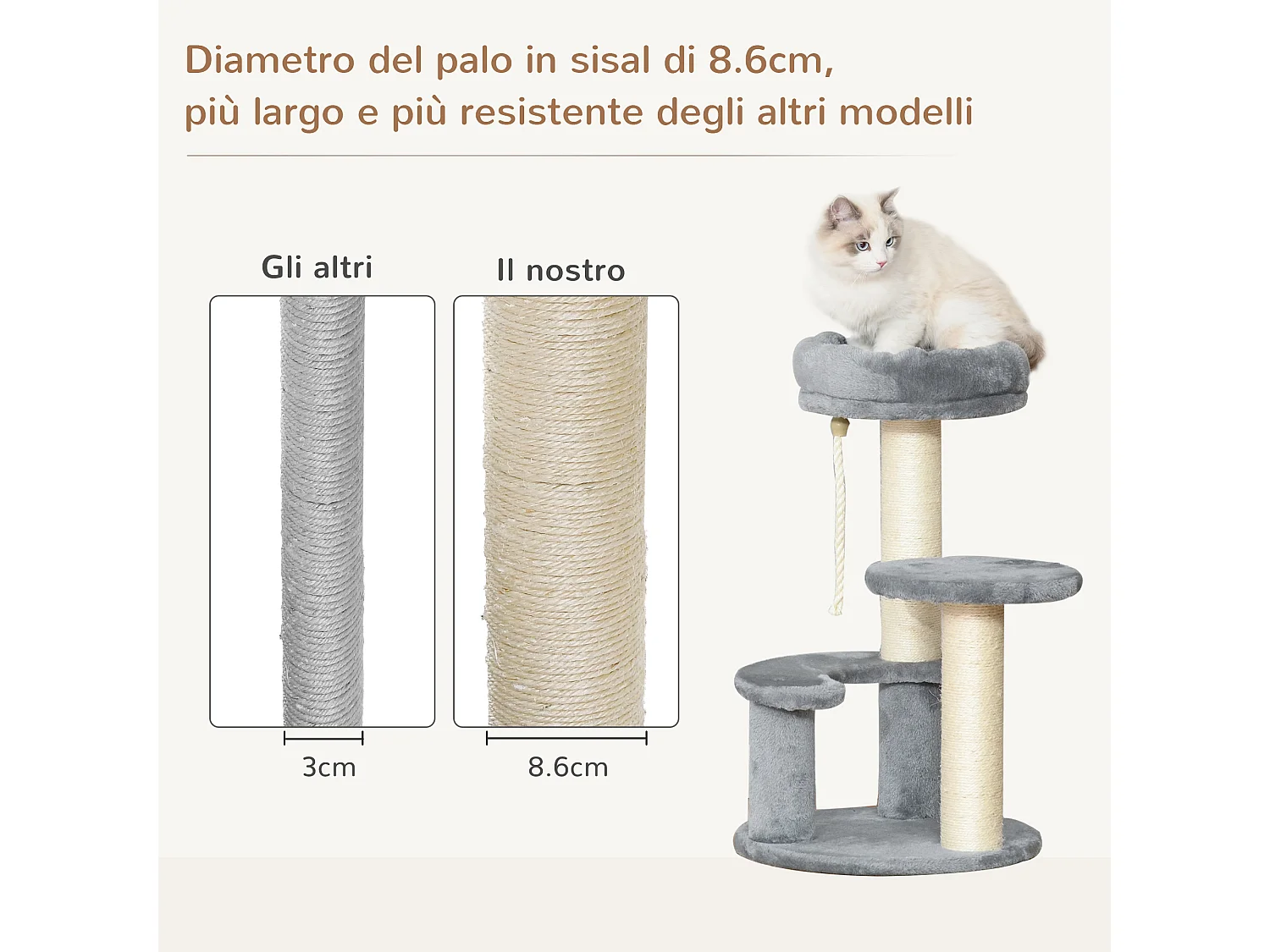 Albero tiragraffi per gatti a 3 livelli in peluche grigio