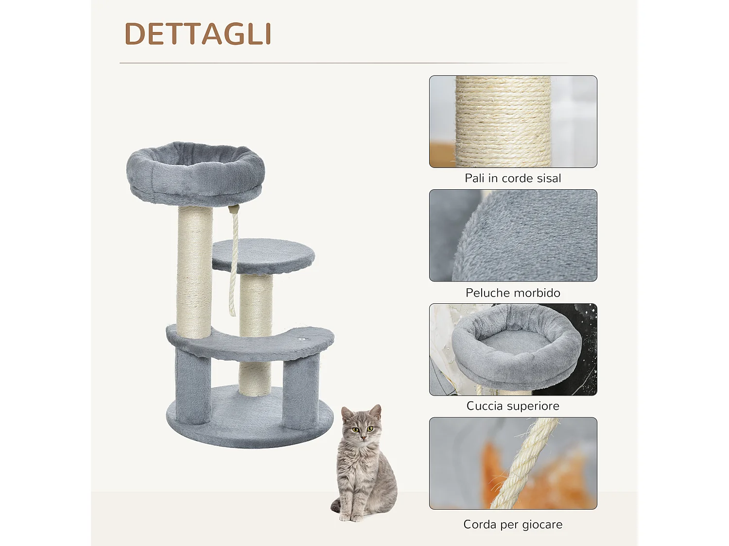 Albero tiragraffi per gatti a 3 livelli in peluche grigio