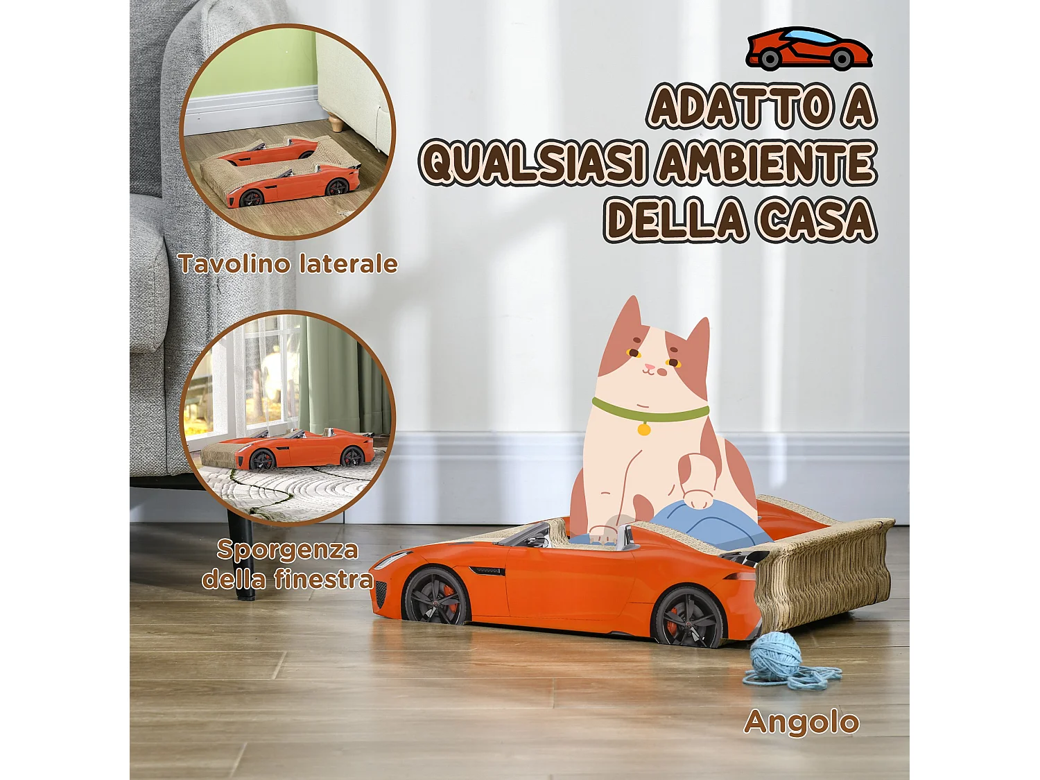 Cuccia per gatti tiragraffi a forma di auto in cartone ondulato rosso