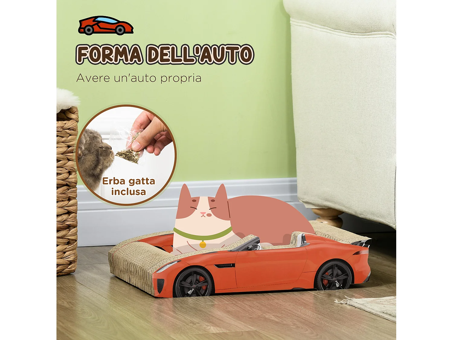 Cuccia per gatti tiragraffi a forma di auto in cartone ondulato rosso