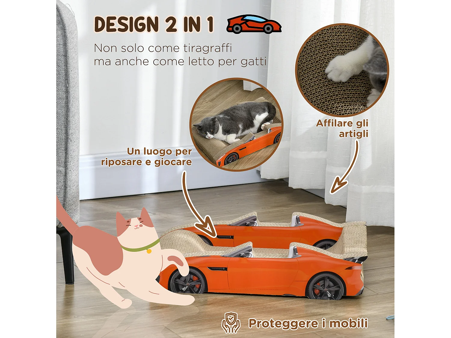 Cuccia per gatti tiragraffi a forma di auto in cartone ondulato rosso