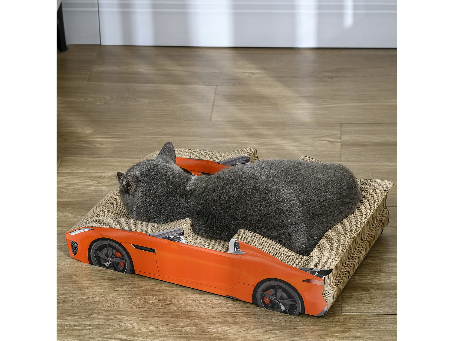 Cuccia per gatti tiragraffi a forma di auto in cartone ondulato rosso