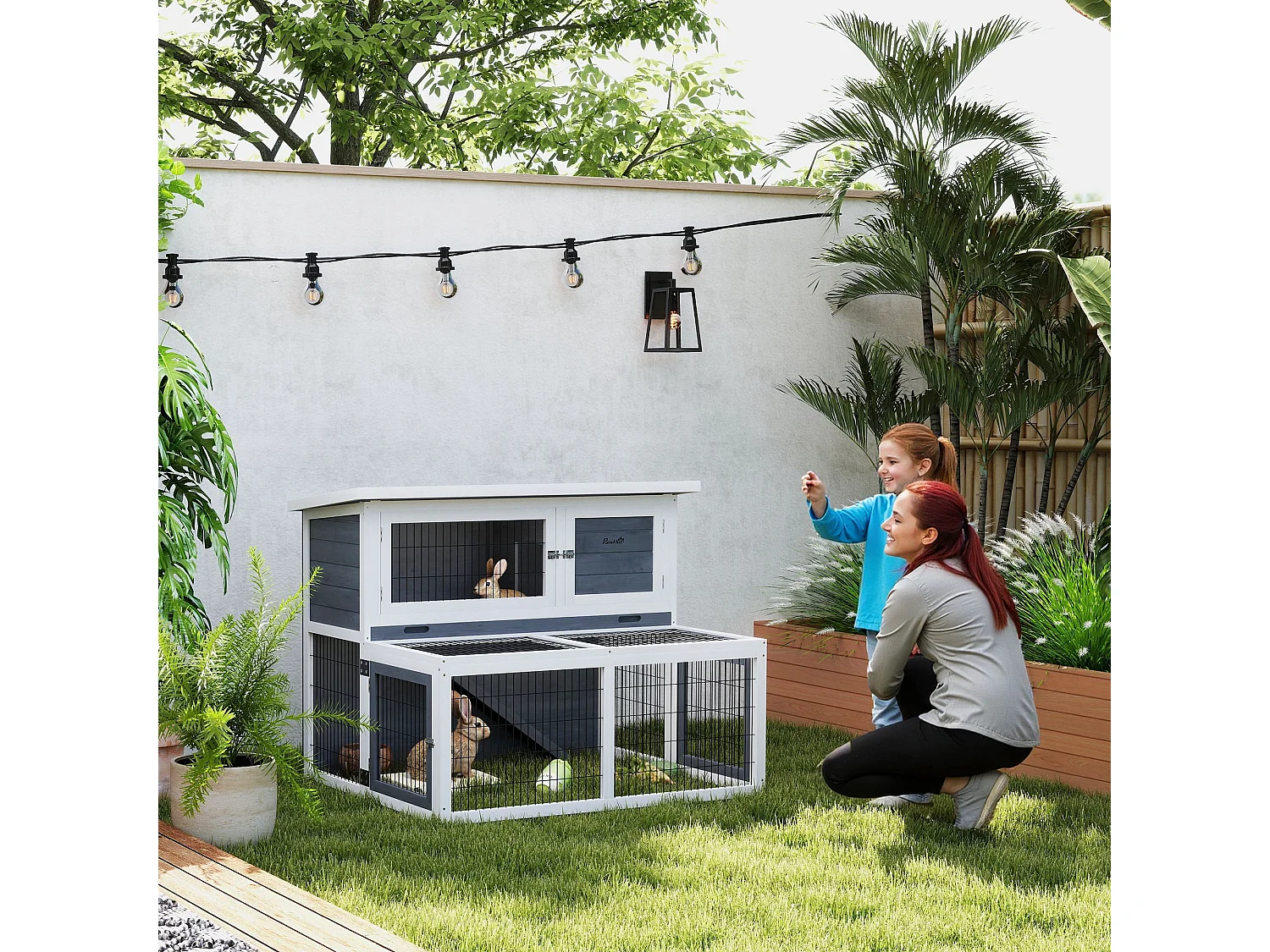 Conigliera 2 livelli con vassoio estraibile in legno acciaio multicolore