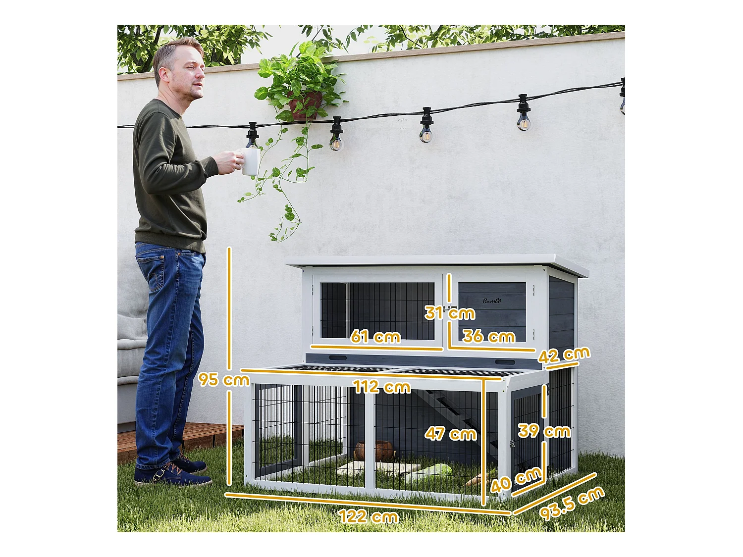 Conigliera 2 livelli con vassoio estraibile in legno acciaio multicolore