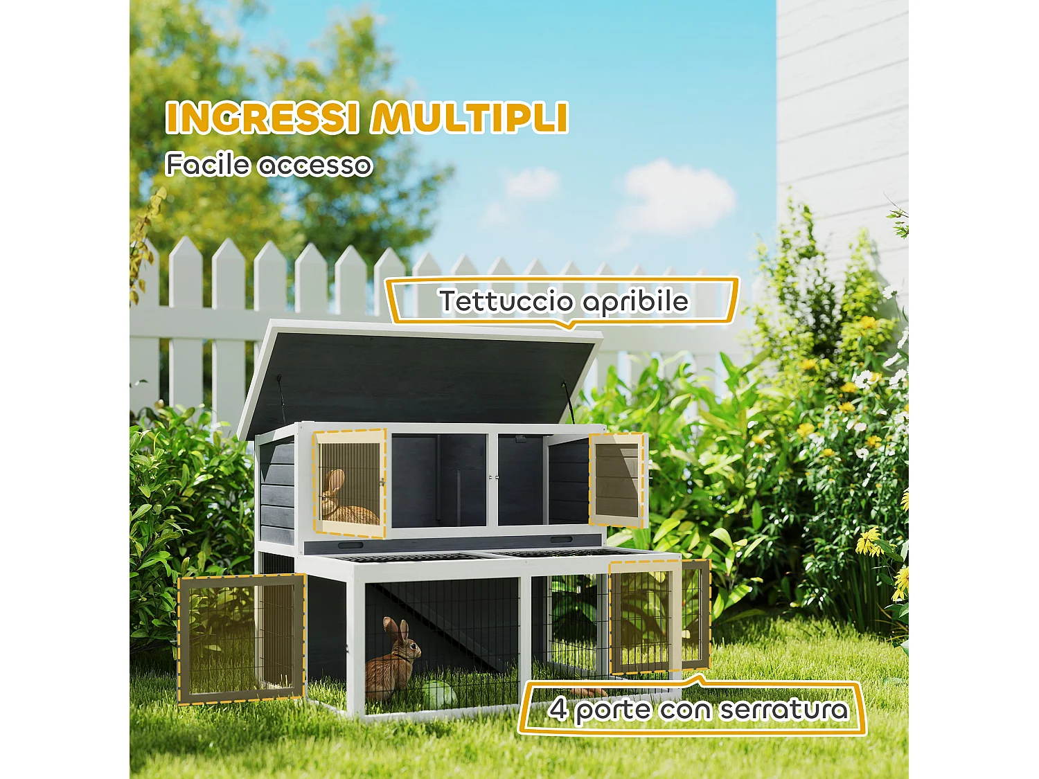 Conigliera 2 livelli con vassoio estraibile in legno acciaio multicolore