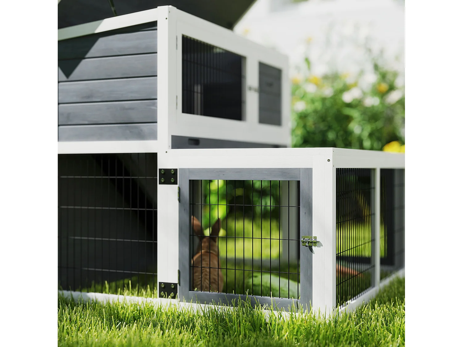 Conigliera 2 livelli con vassoio estraibile in legno acciaio multicolore