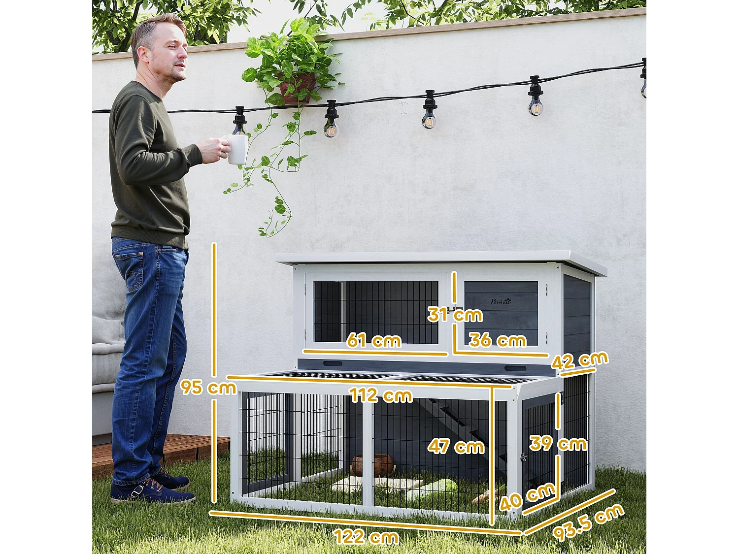 Conigliera 2 livelli con vassoio estraibile in legno acciaio multicolore