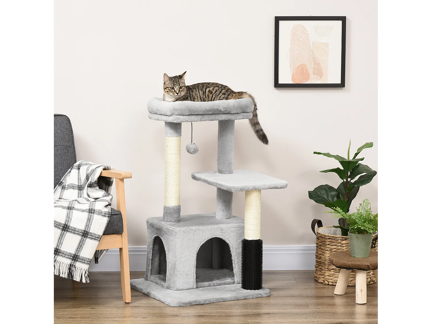 Albero tiragraffi con lettino e casetta rivestimento in peluche grigio