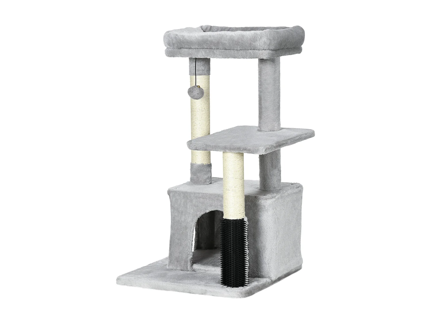Albero tiragraffi con lettino e casetta rivestimento in peluche grigio