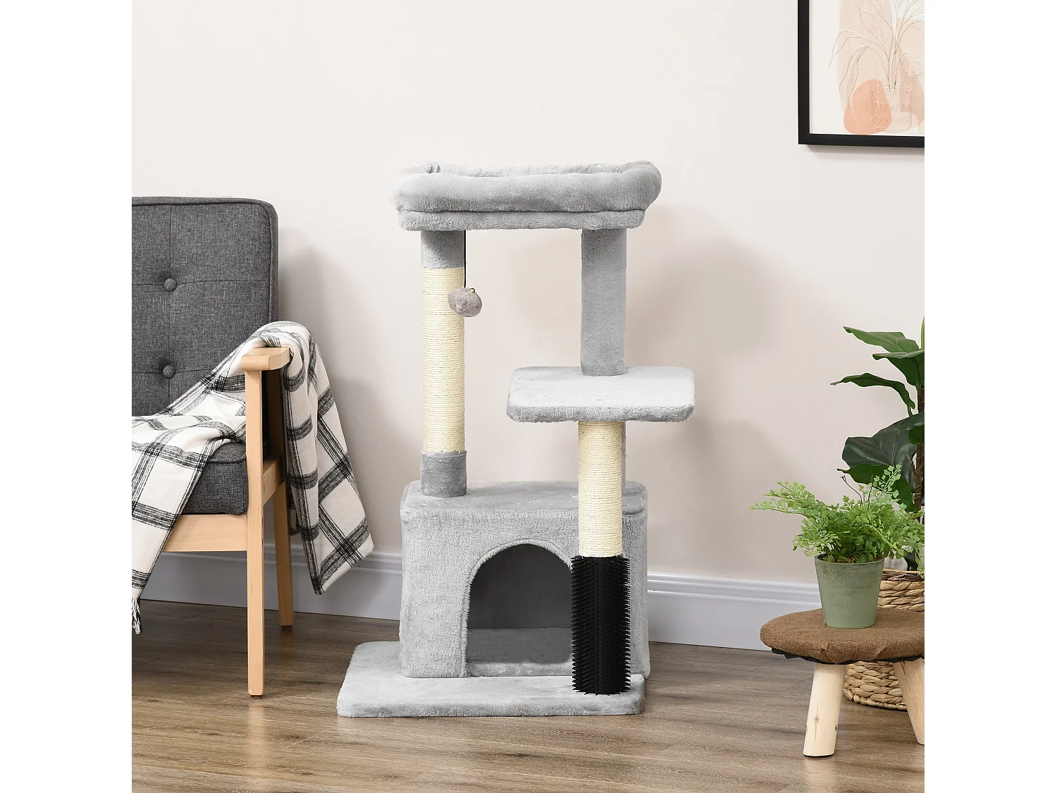 Albero tiragraffi con lettino e casetta rivestimento in peluche grigio