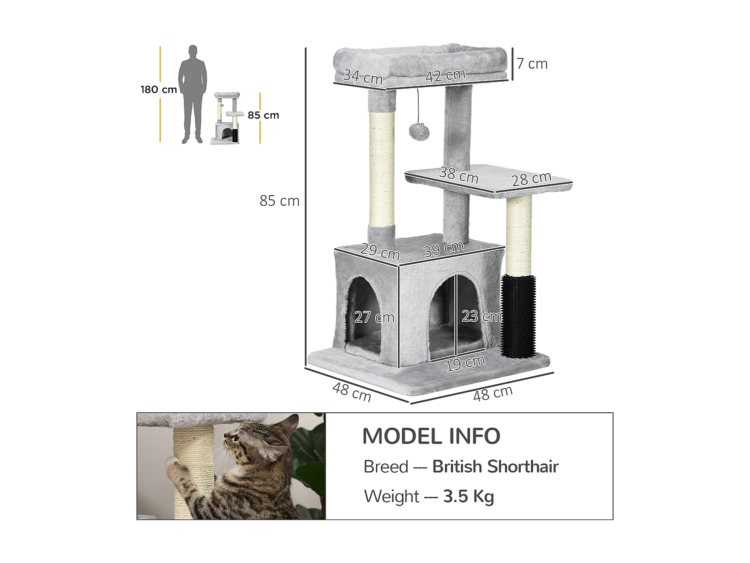 Albero tiragraffi con lettino e casetta rivestimento in peluche grigio