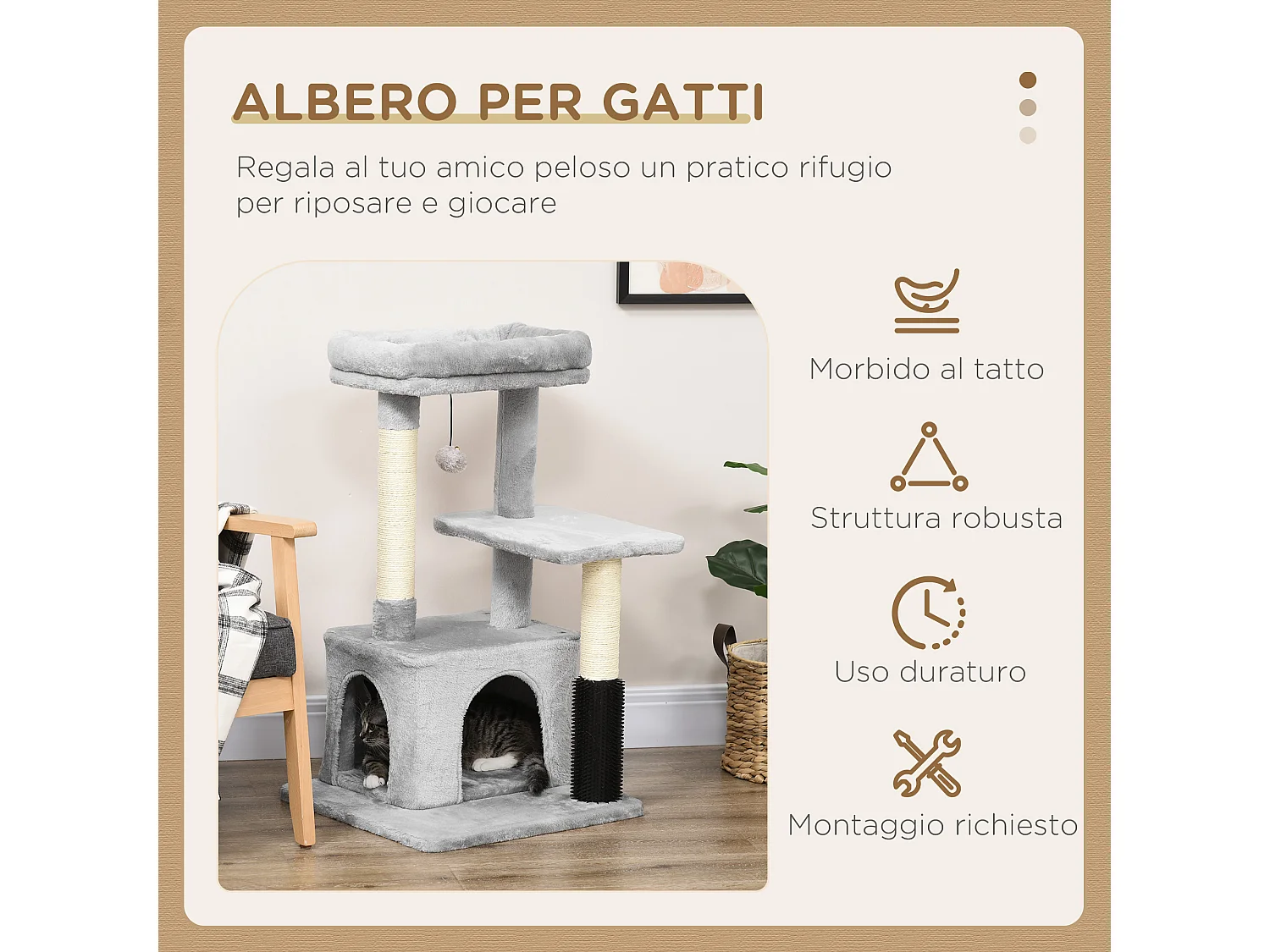 Albero tiragraffi con lettino e casetta rivestimento in peluche grigio