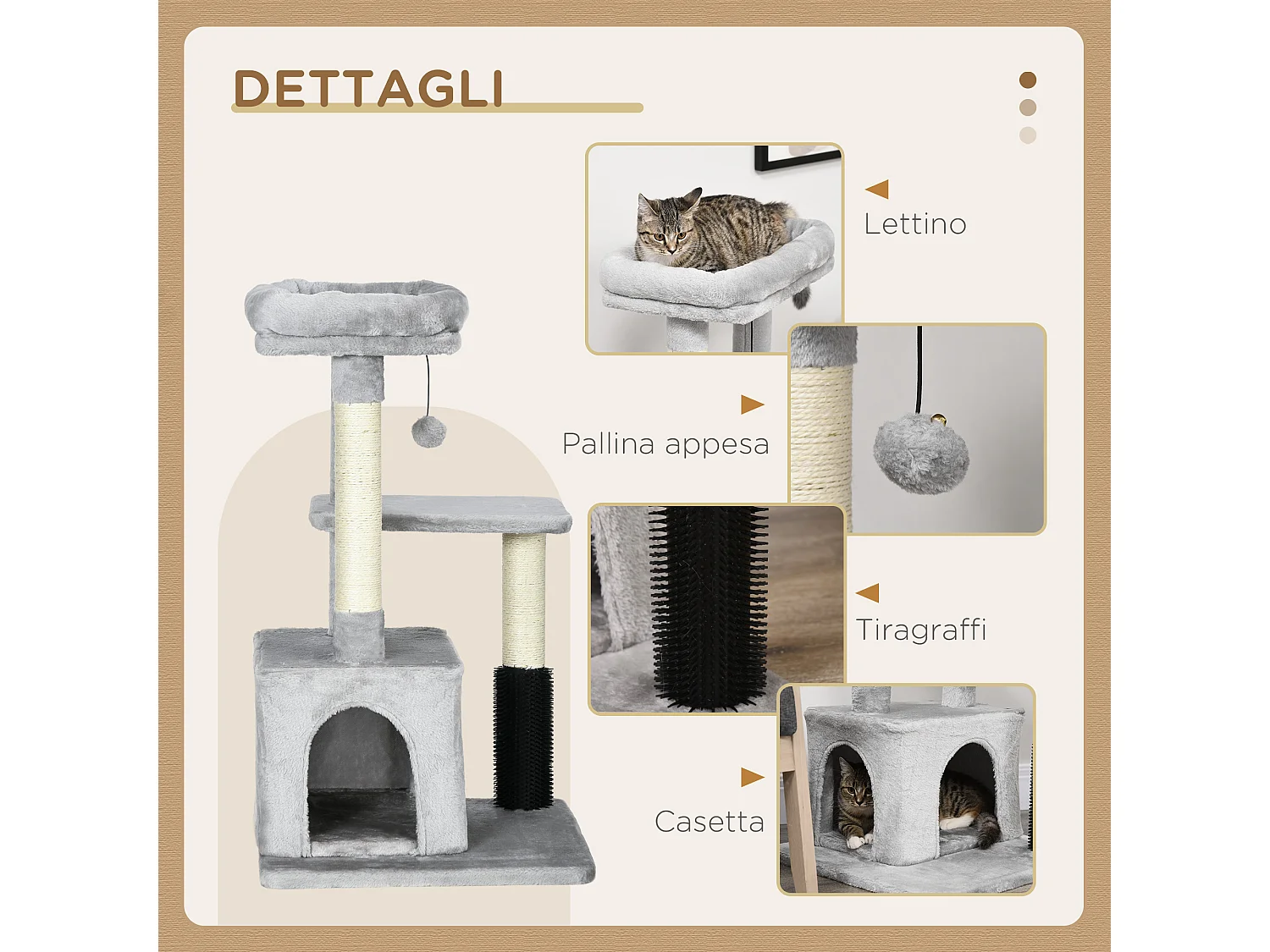 Albero tiragraffi con lettino e casetta rivestimento in peluche grigio