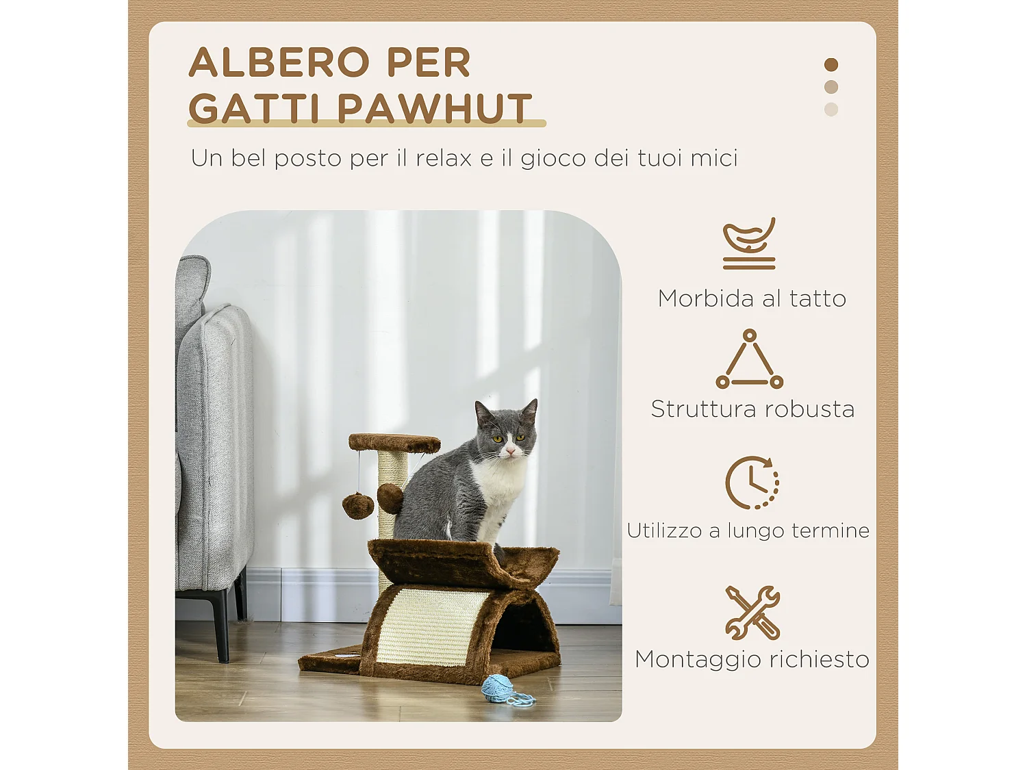 Tiragraffi per gatti con cuccia in peluche marrone 43cm